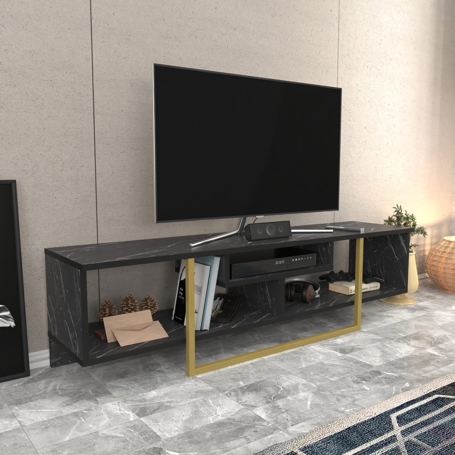 Comoda TV Asal 150, negru/auriu, PAL, 150x35x40 cm