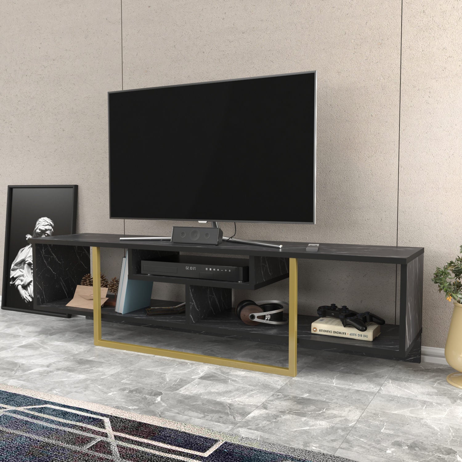 Comoda TV Asal 150, negru/auriu, PAL, 150x35x40 cm