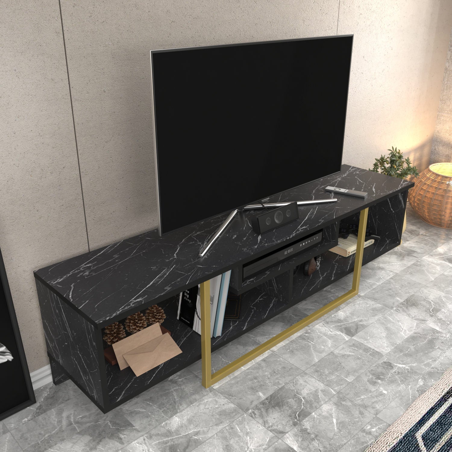 Comoda TV Asal 150, negru/auriu, PAL, 150x35x40 cm