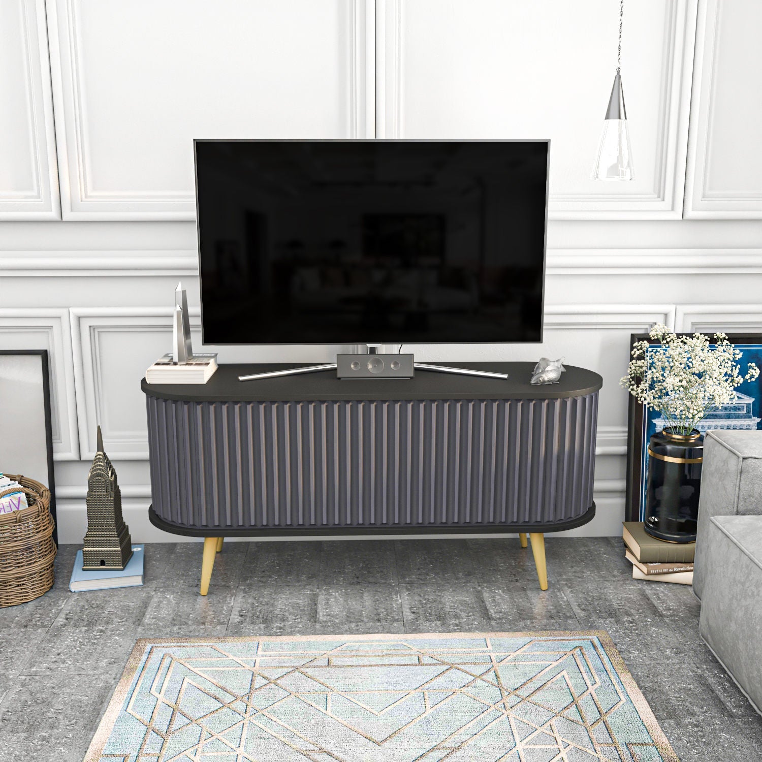 Comoda TV Stor, gri/negru, PAL melaminat, 140x43x64 cm