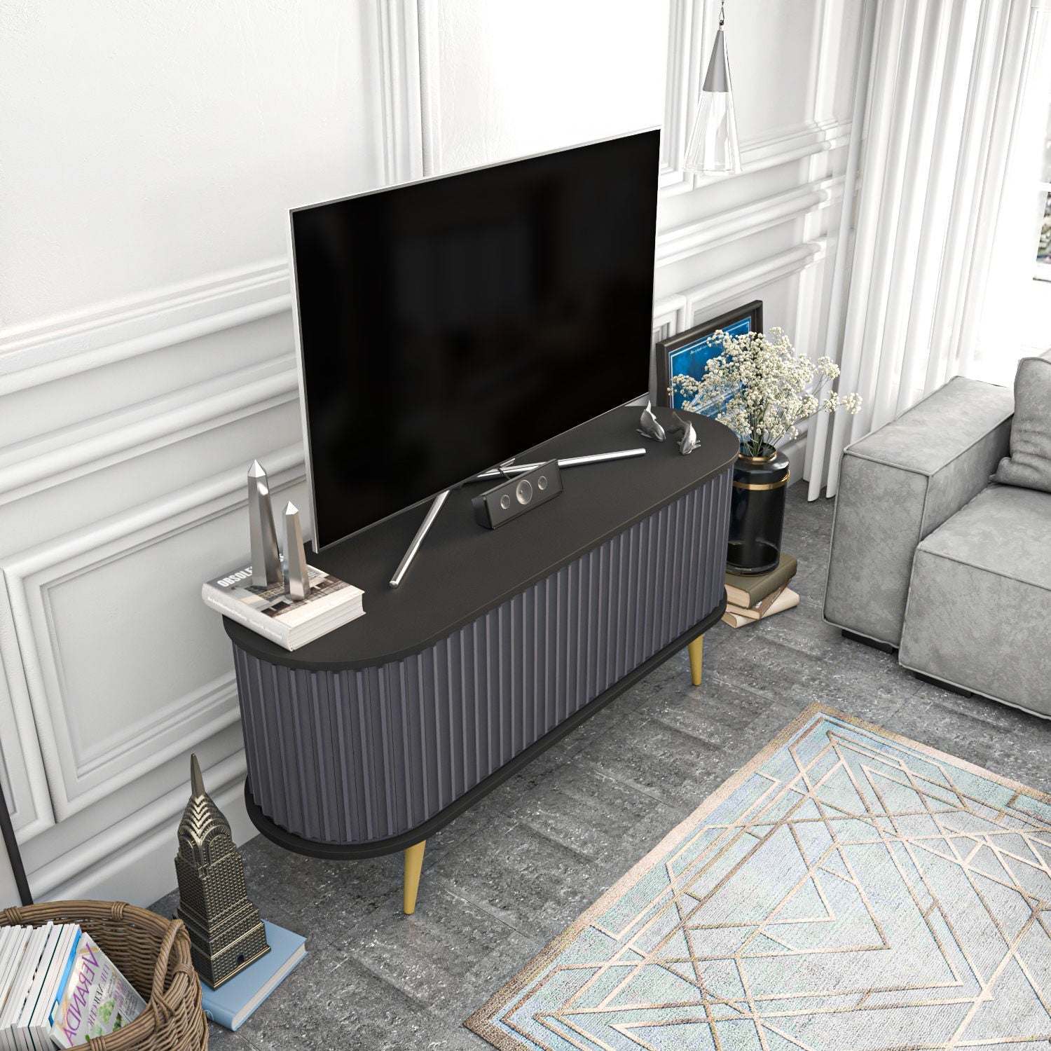 Comoda TV Stor, gri/negru, PAL melaminat, 140x43x64 cm