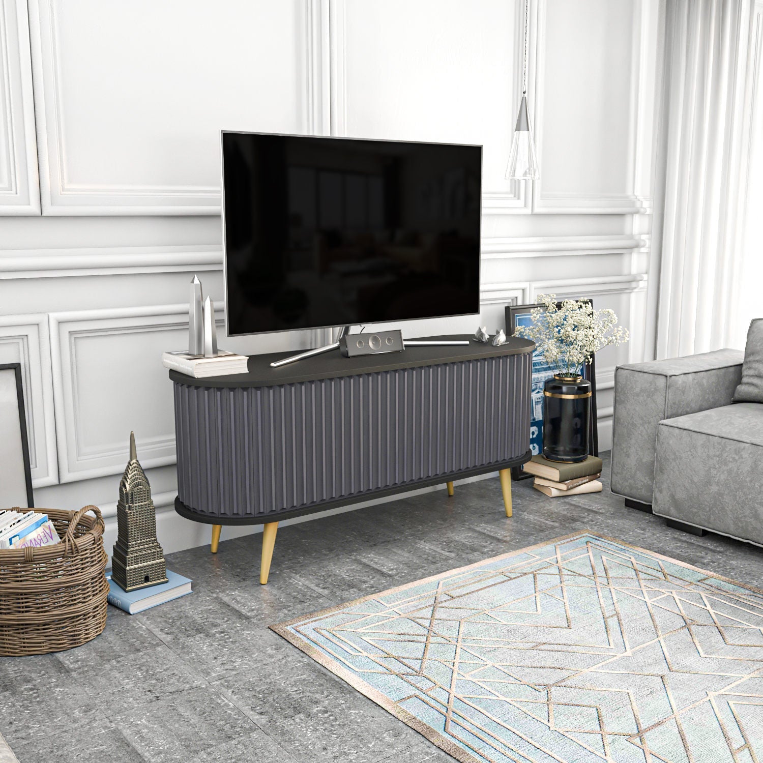 Comoda TV Stor, gri/negru, PAL melaminat, 140x43x64 cm