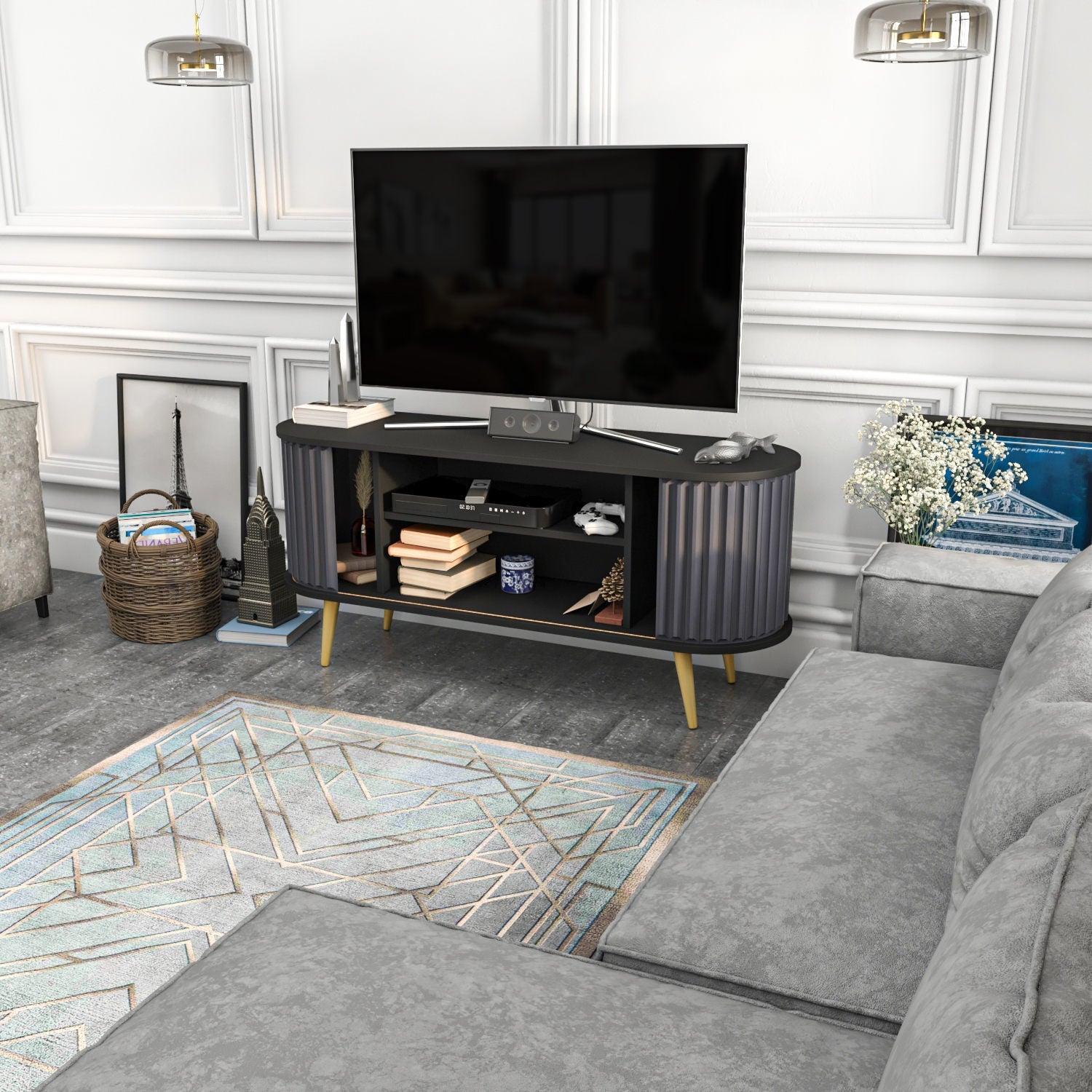 Comoda TV Stor, gri/negru, PAL melaminat, 140x43x64 cm