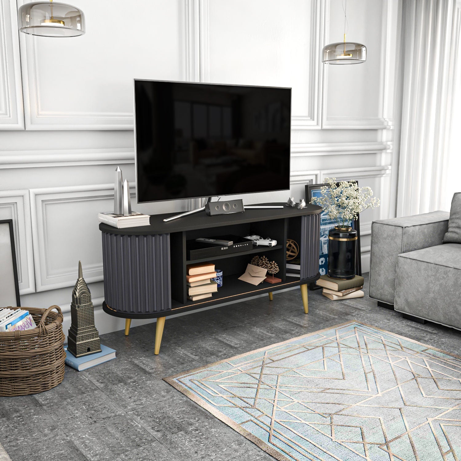 Comoda TV Stor, gri/negru, PAL melaminat, 140x43x64 cm