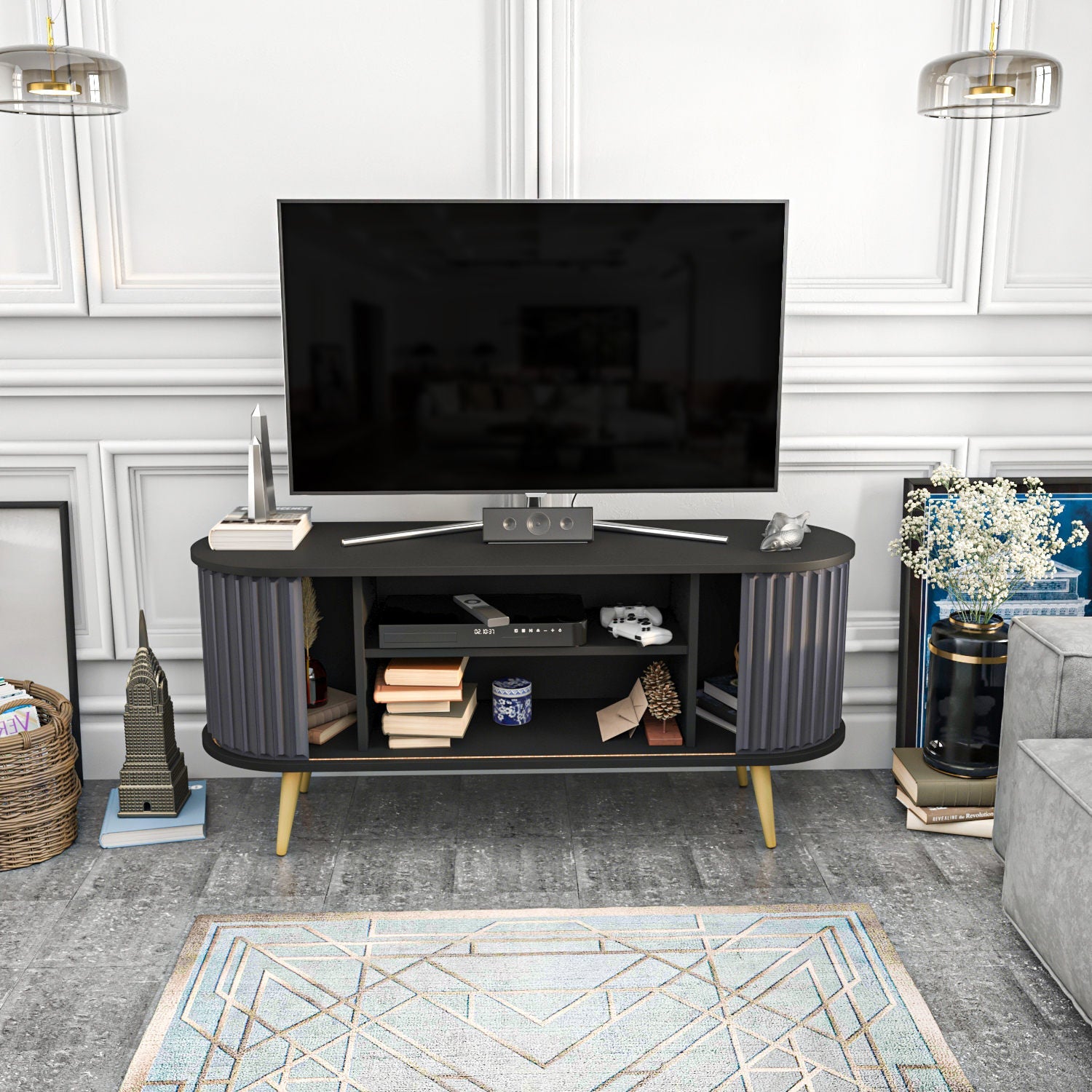 Comoda TV Stor, gri/negru, PAL melaminat, 140x43x64 cm