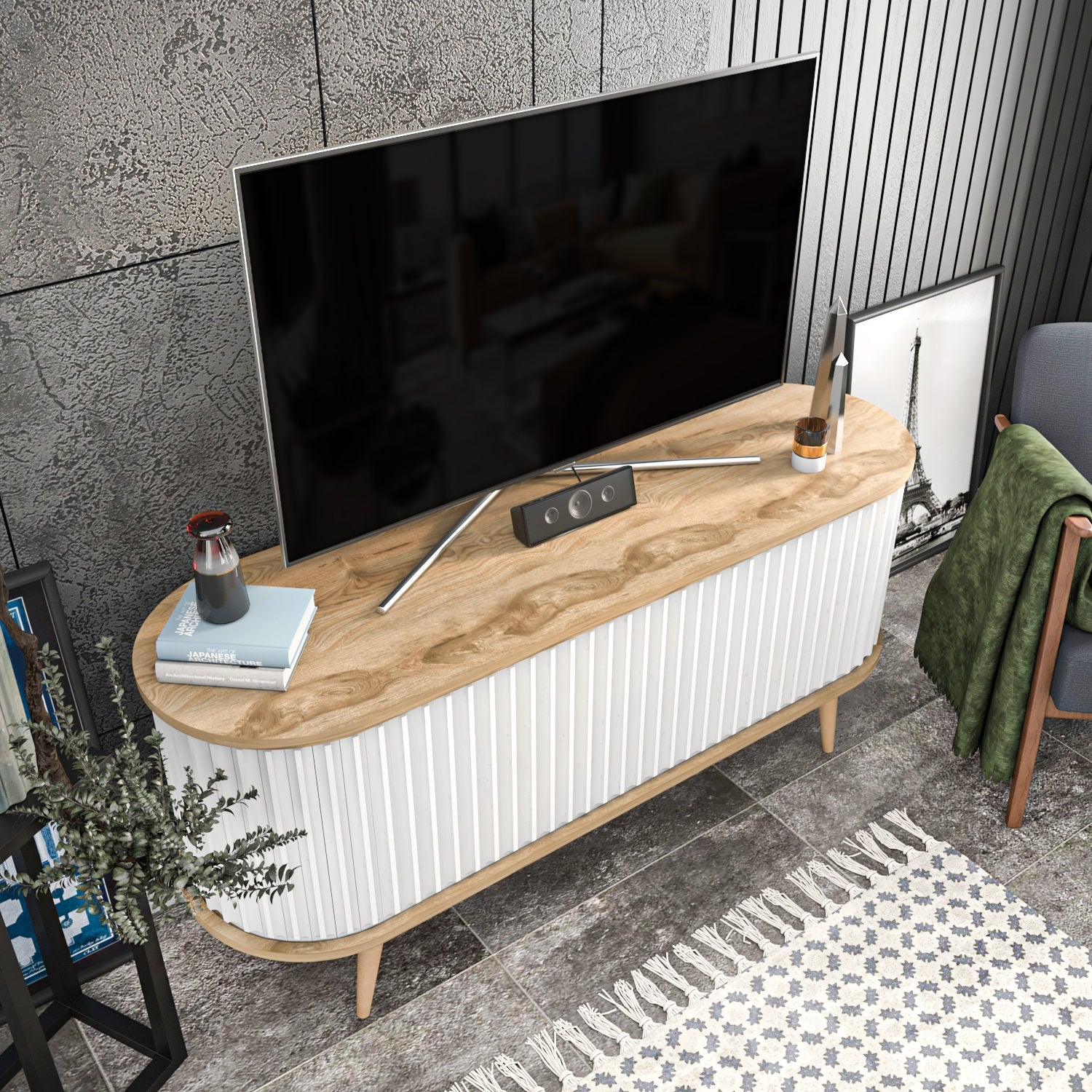Comoda TV Stor, alb/stejar, PAL melaminat, 140x43x64 cm
