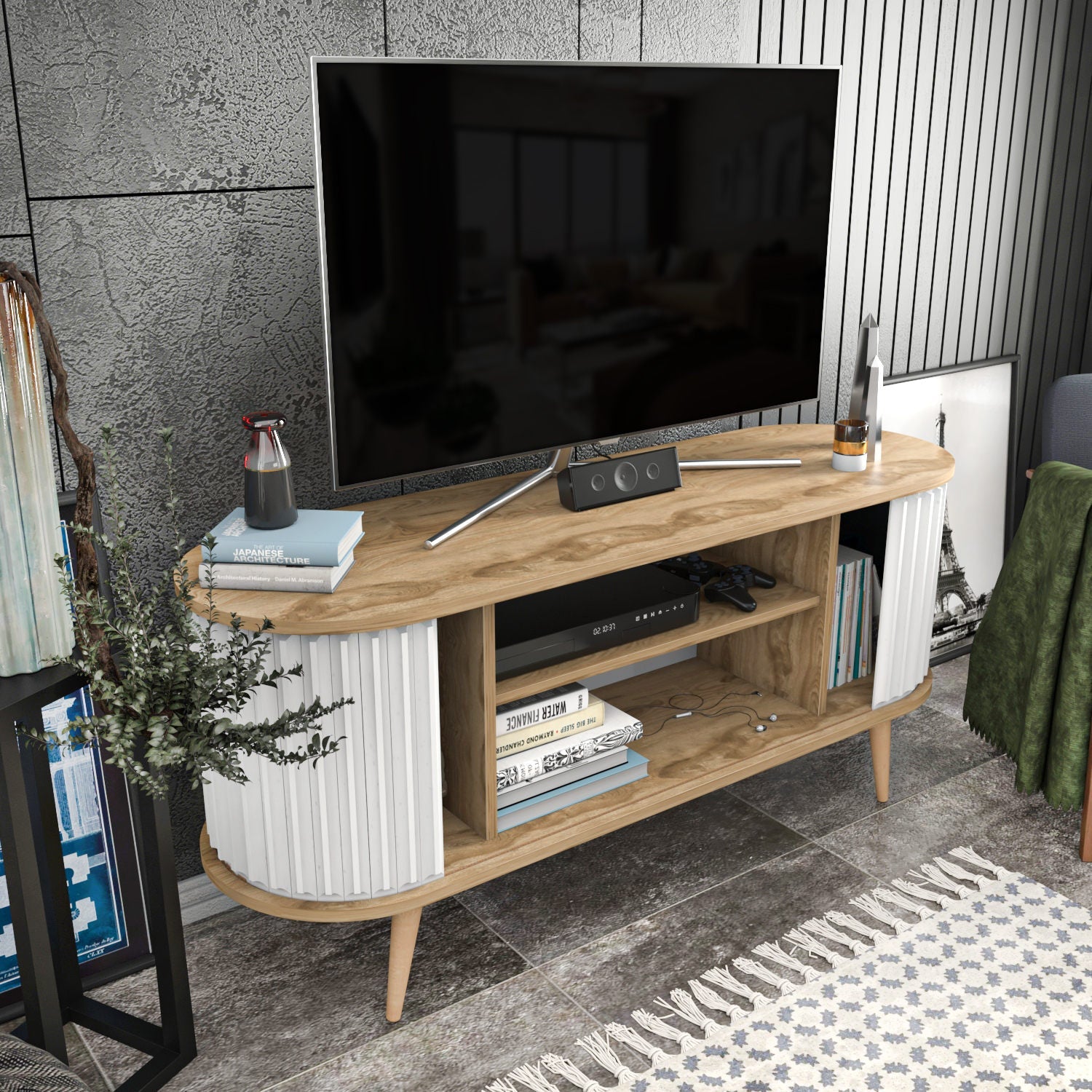 Comoda TV Stor, alb/stejar, PAL melaminat, 140x43x64 cm