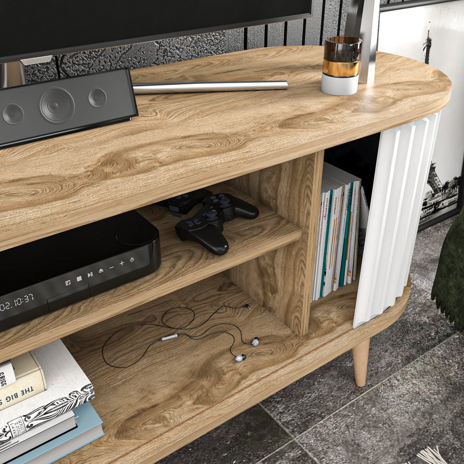 Comoda TV Stor, alb/stejar, PAL melaminat, 140x43x64 cm