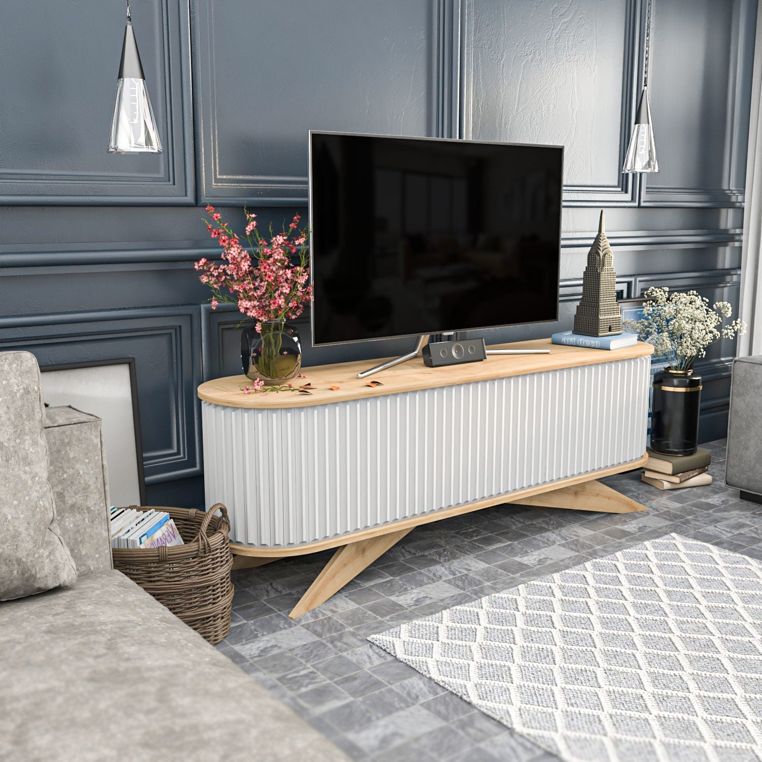 Comoda TV Stor, stejar/alb, PAL melaminat, 180x43x60 cm