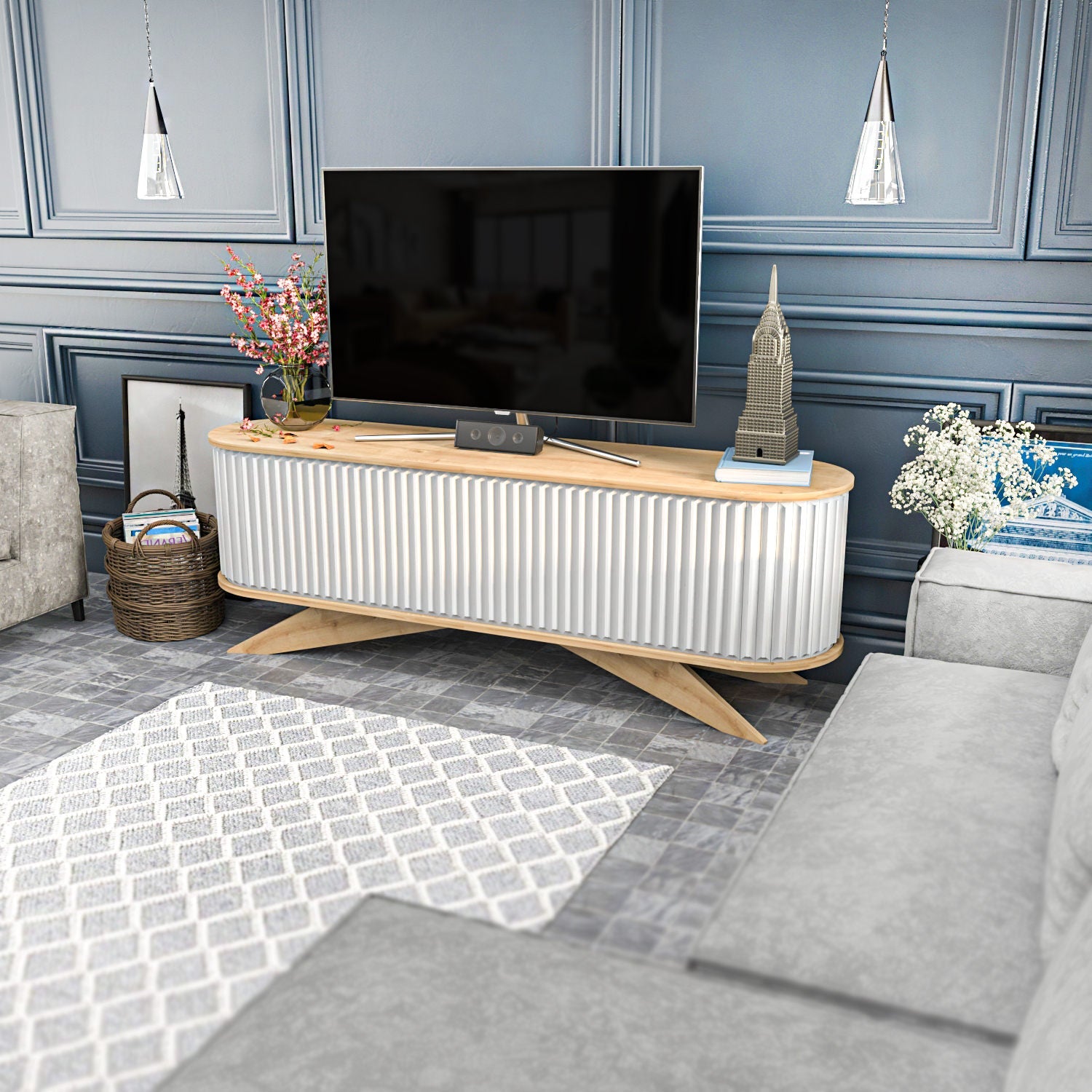 Comoda TV Stor, stejar/alb, PAL melaminat, 180x43x60 cm