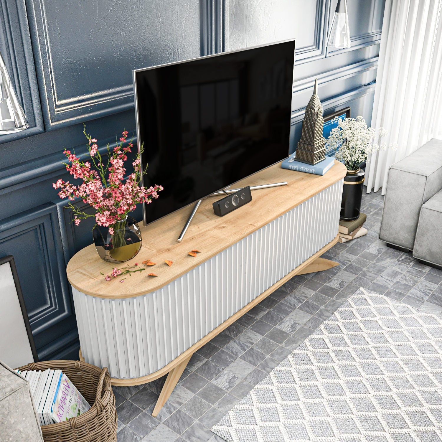 Comoda TV Stor, stejar/alb, PAL melaminat, 180x43x60 cm