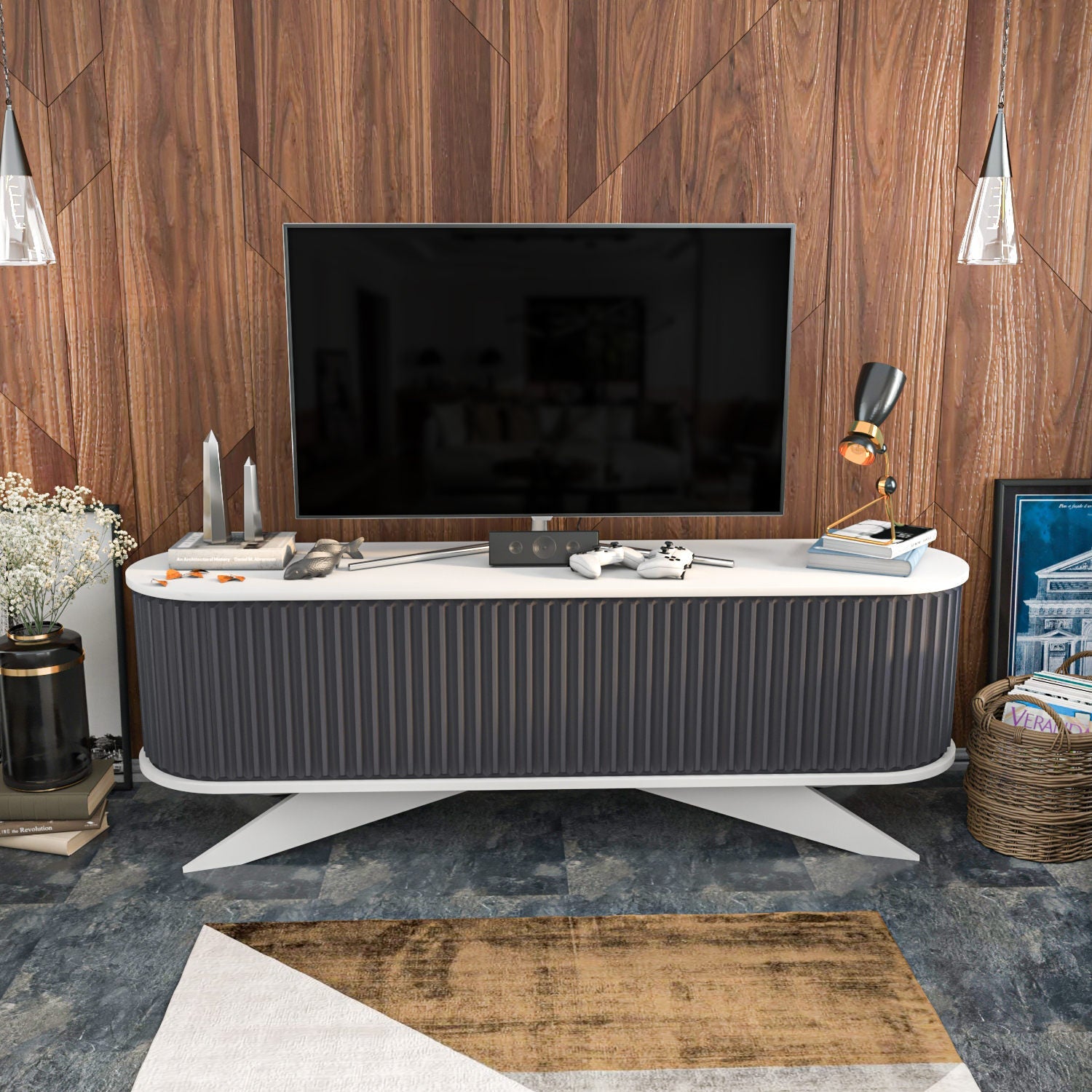 Comoda TV Stor, gri/alb, PAL melaminat, 180x43x60 cm