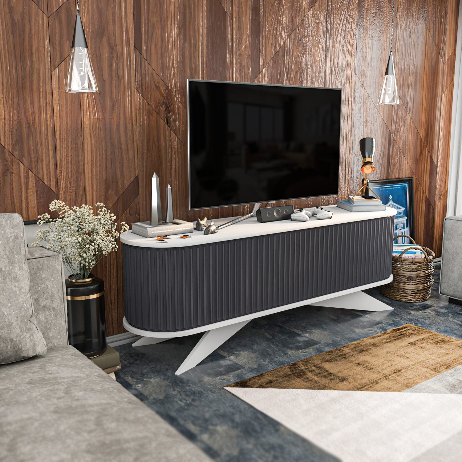 Comoda TV Stor, gri/alb, PAL melaminat, 180x43x60 cm