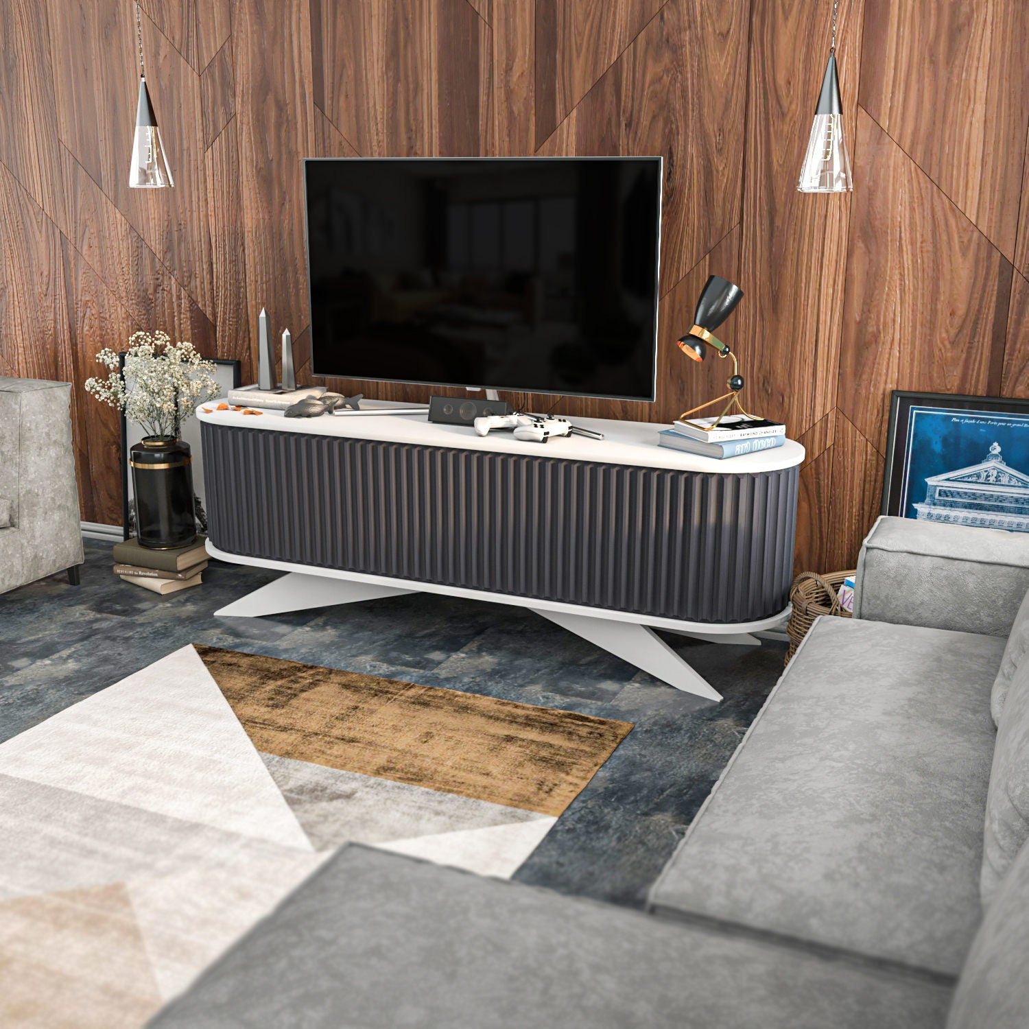 Comoda TV Stor, gri/alb, PAL melaminat, 180x43x60 cm