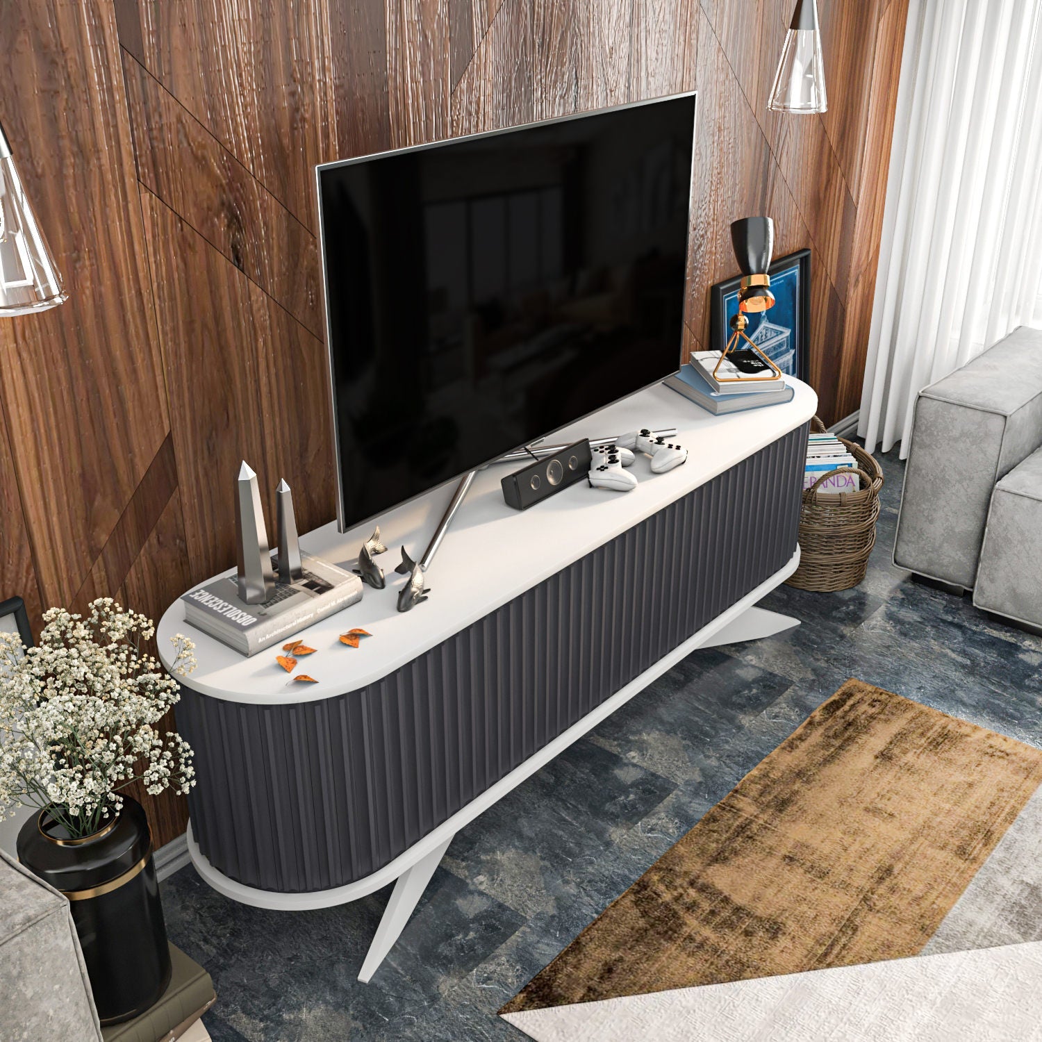 Comoda TV Stor, gri/alb, PAL melaminat, 180x43x60 cm