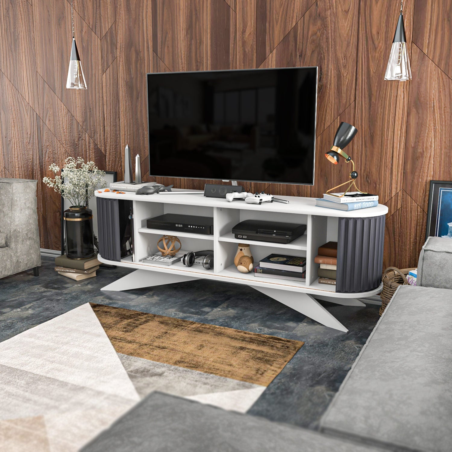Comoda TV Stor, gri/alb, PAL melaminat, 180x43x60 cm