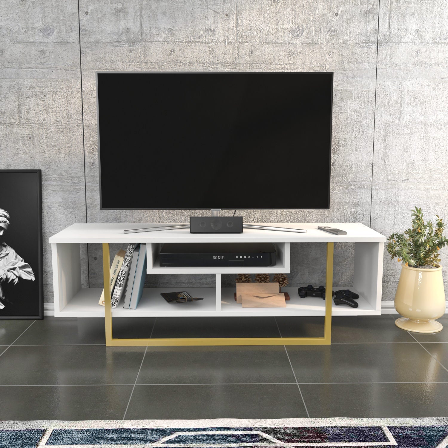 Comoda Asal 120, alb/auriu, PAL, 120x35x40 cm