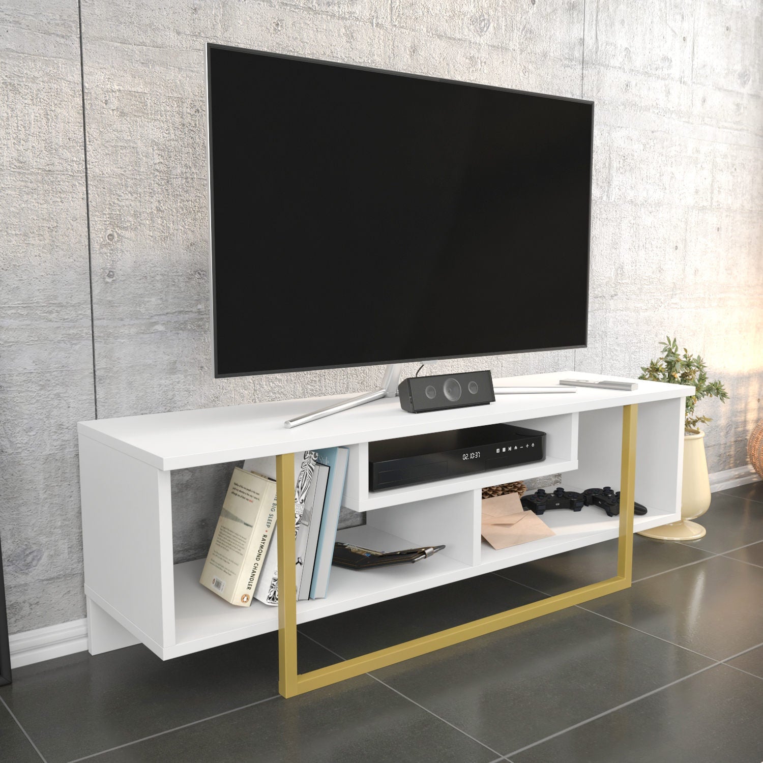 Comoda Asal 120, alb/auriu, PAL, 120x35x40 cm