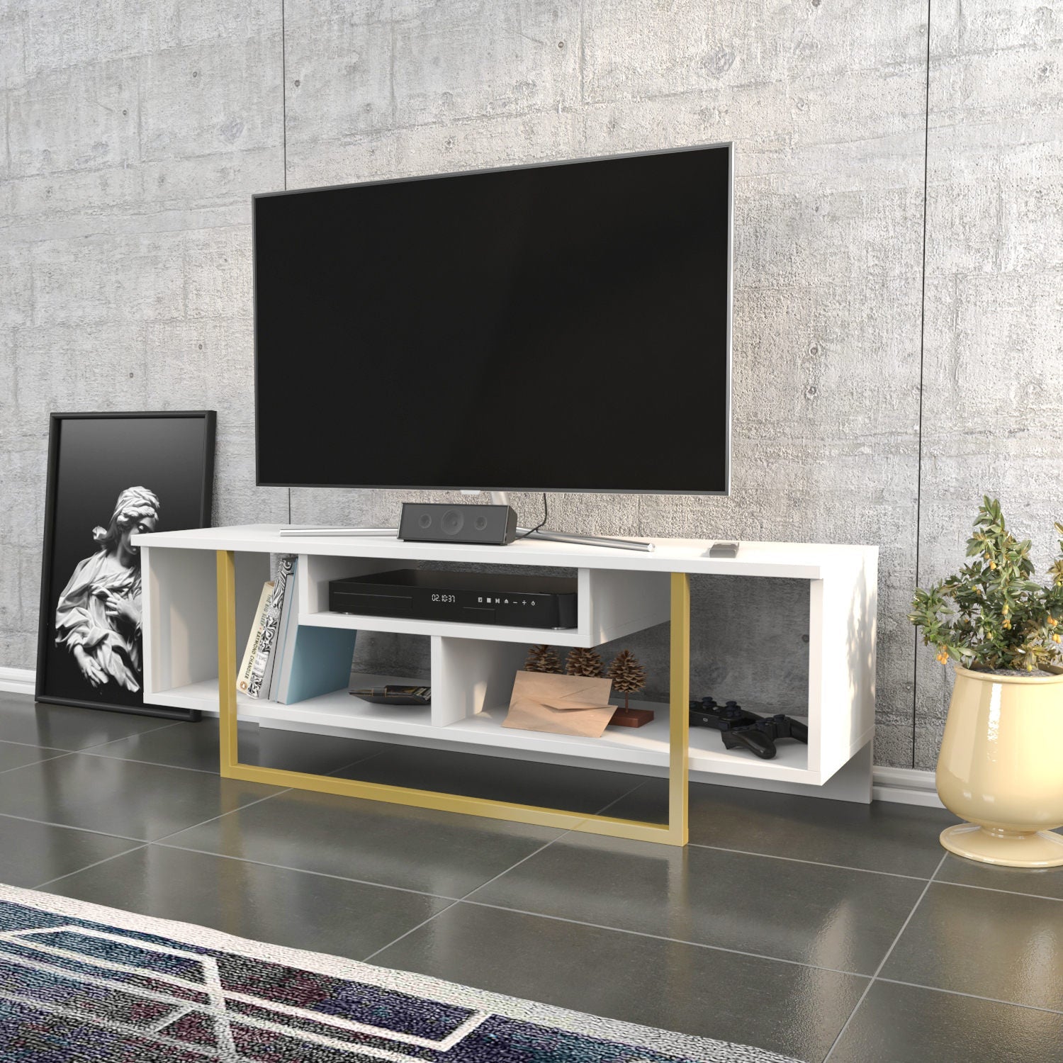 Comoda Asal 120, alb/auriu, PAL, 120x35x40 cm