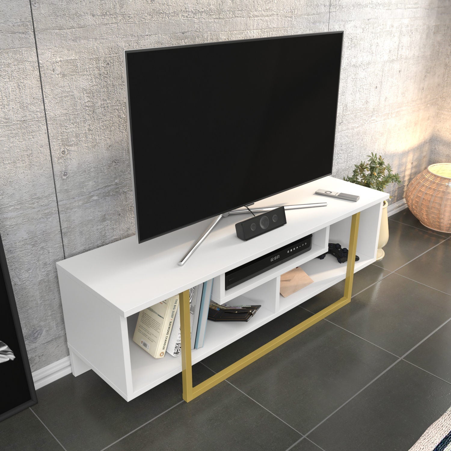 Comoda Asal 120, alb/auriu, PAL, 120x35x40 cm
