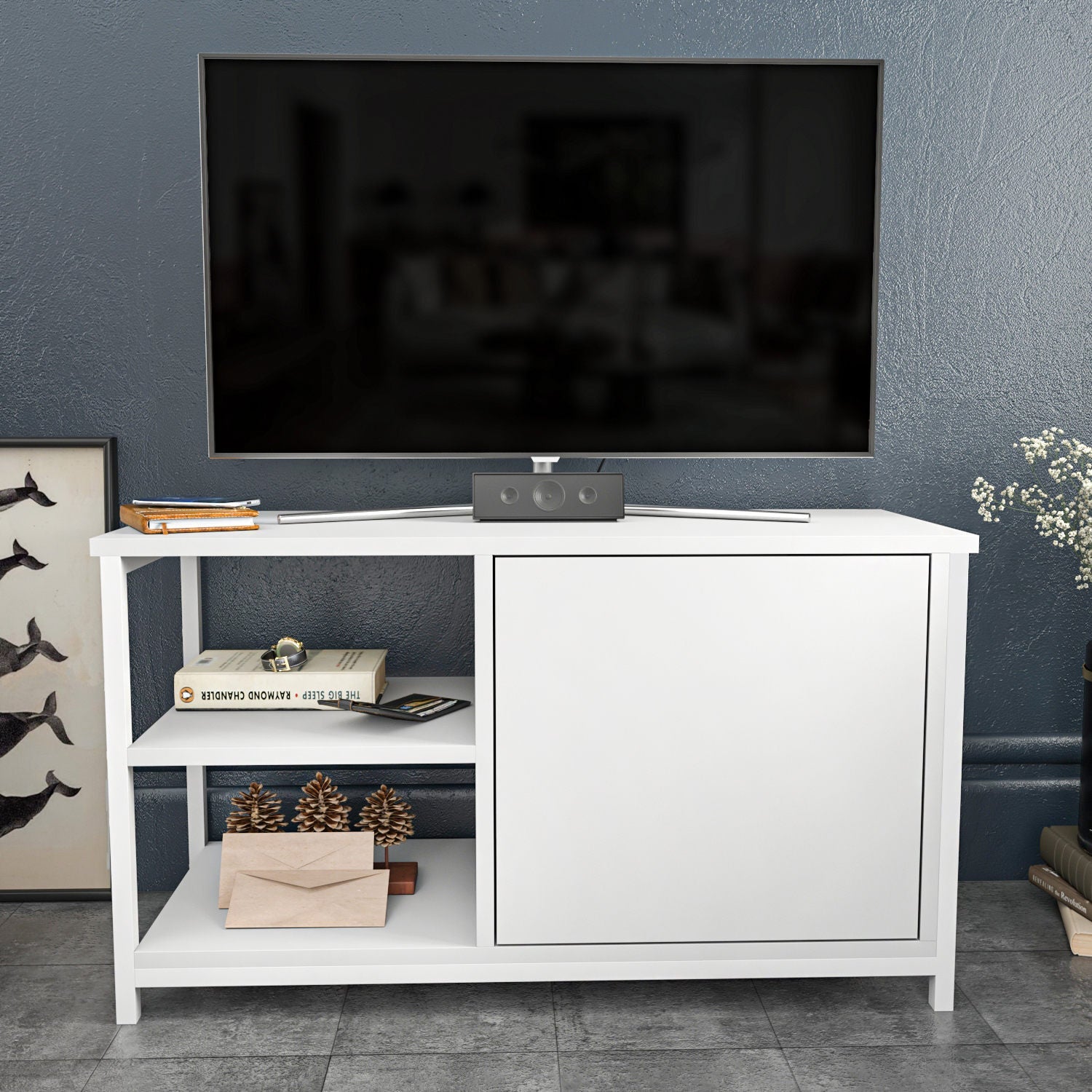Comoda TV Muskegon, alb, PAL/metal, 90x35x51 cm