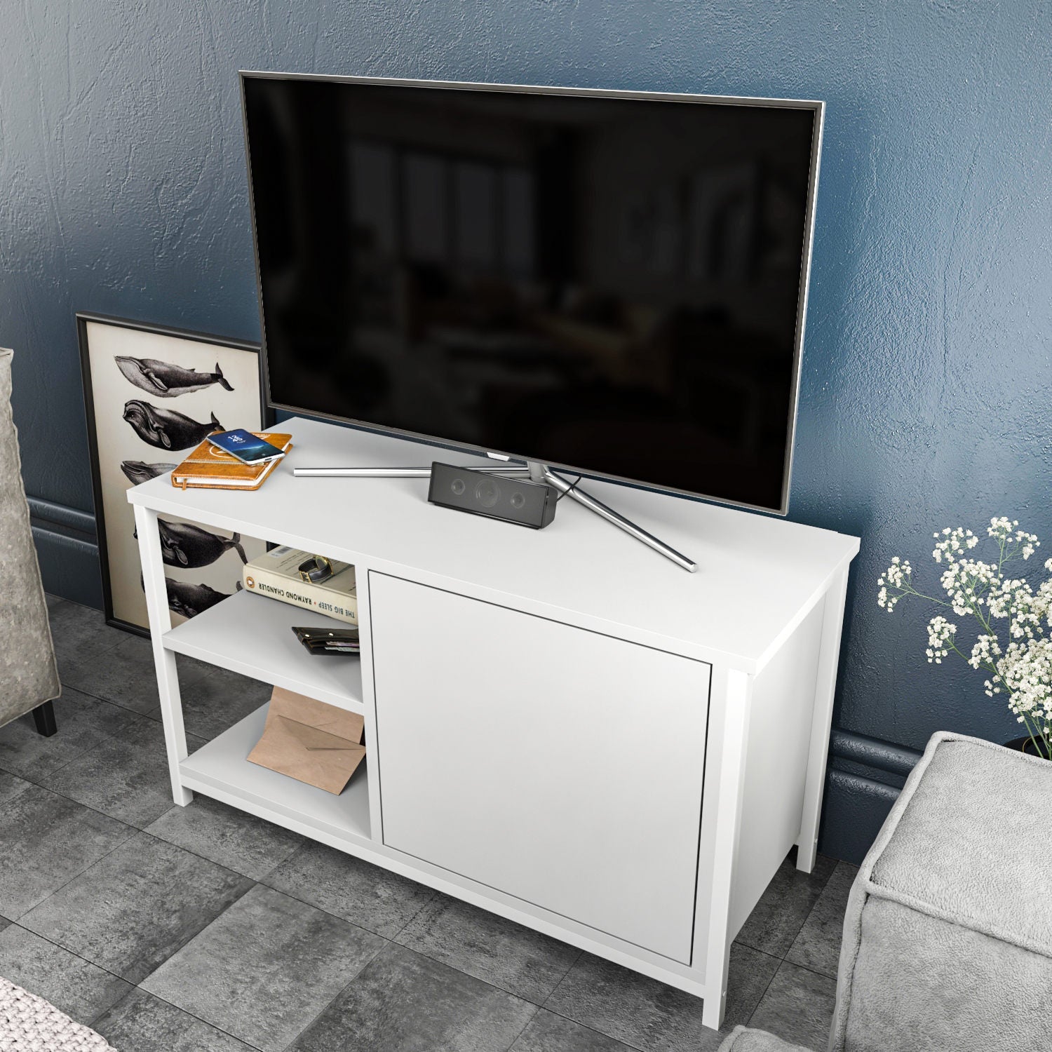 Comoda TV Muskegon, alb, PAL/metal, 90x35x51 cm
