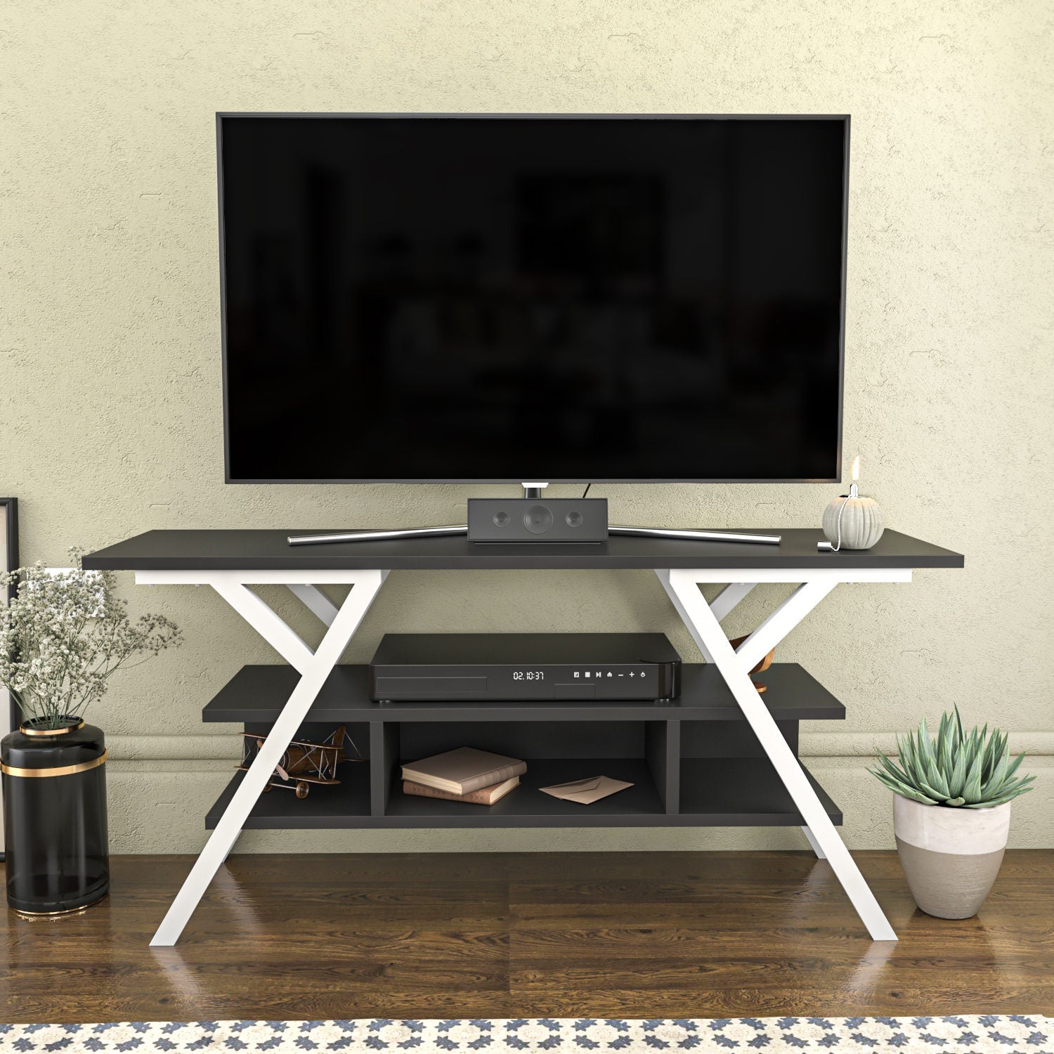 Comoda TV Minerva, gri antracit/alb, PAL/metal, 120x35x55 cm