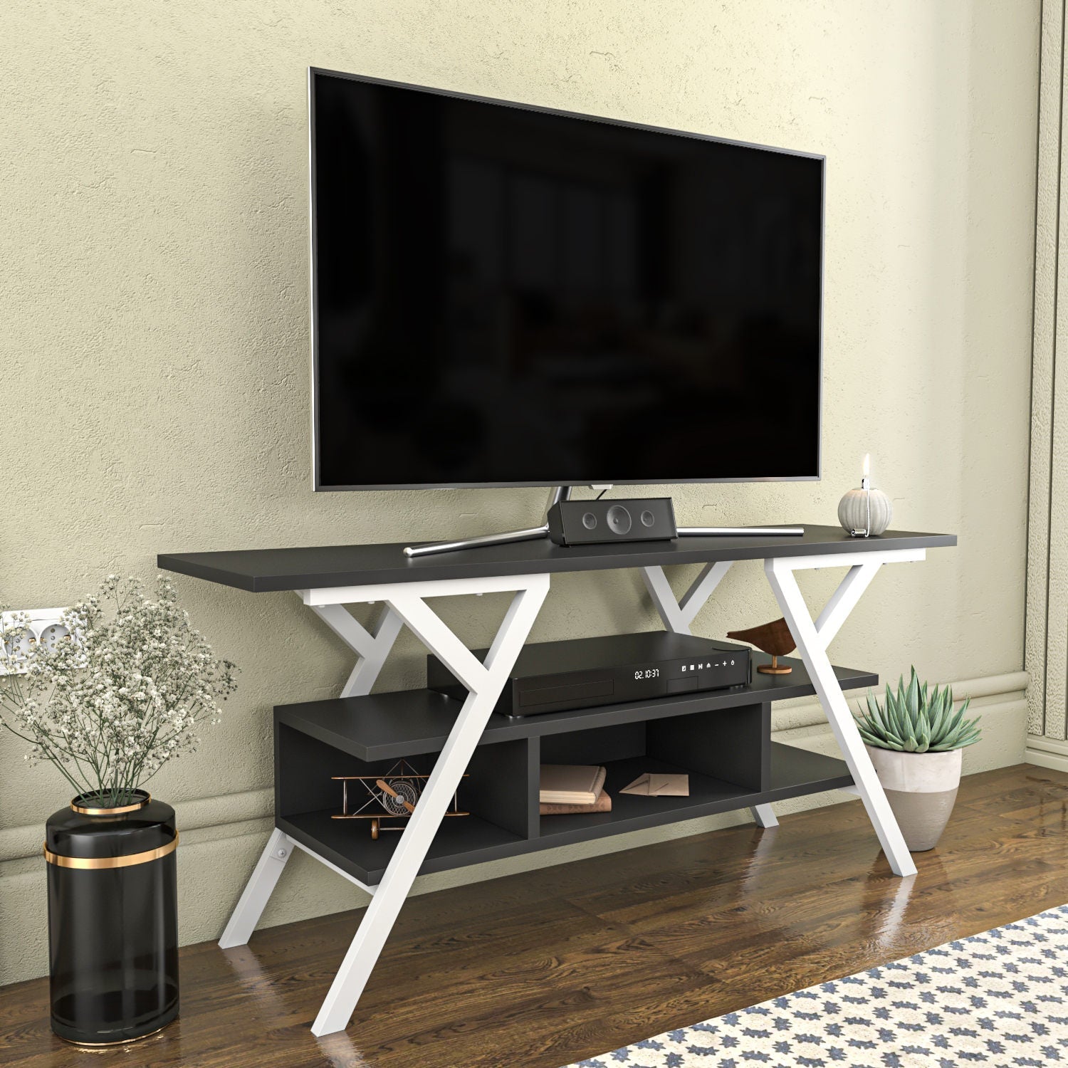 Comoda TV Minerva, gri antracit/alb, PAL/metal, 120x35x55 cm