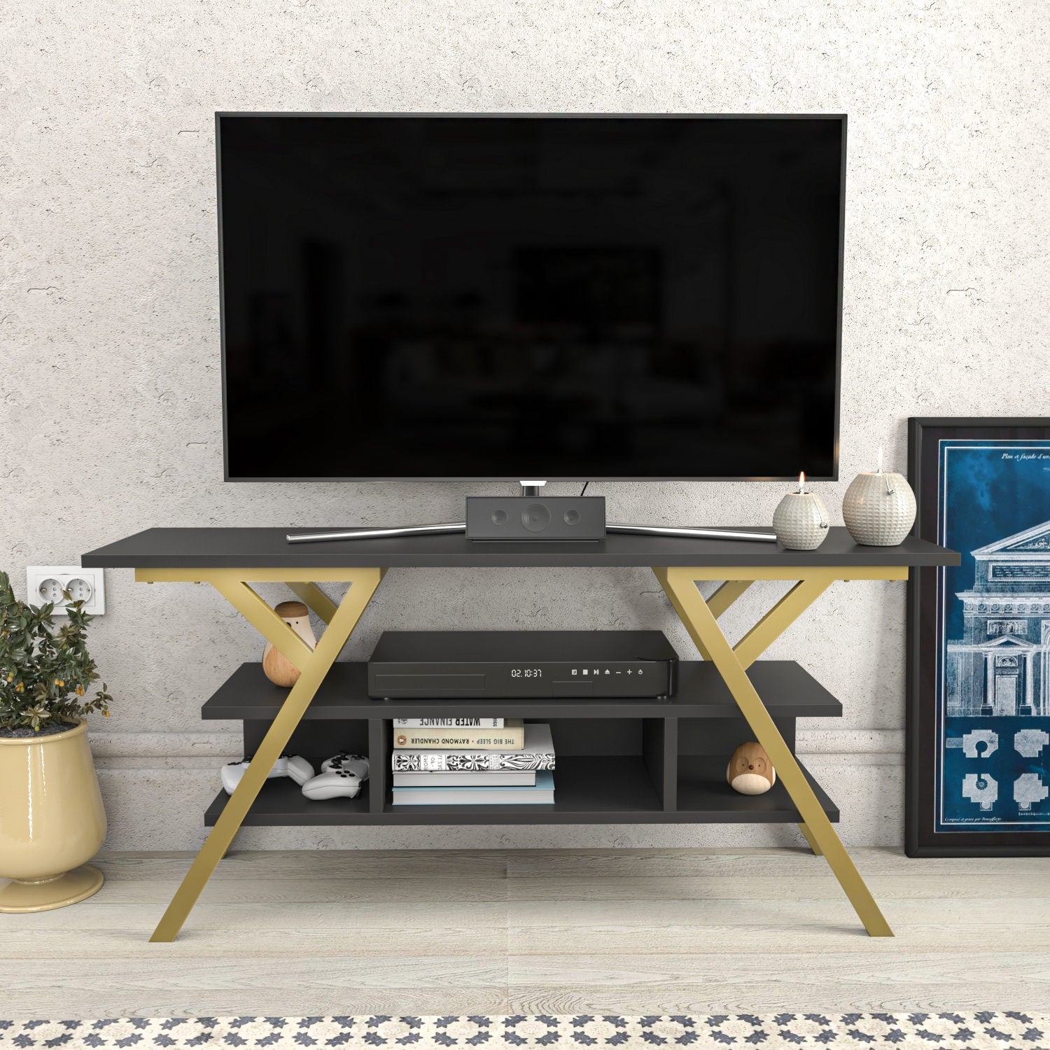 Comoda TV Minerva, gri antracit/auriu, PAL/metal, 120x35x55 cm
