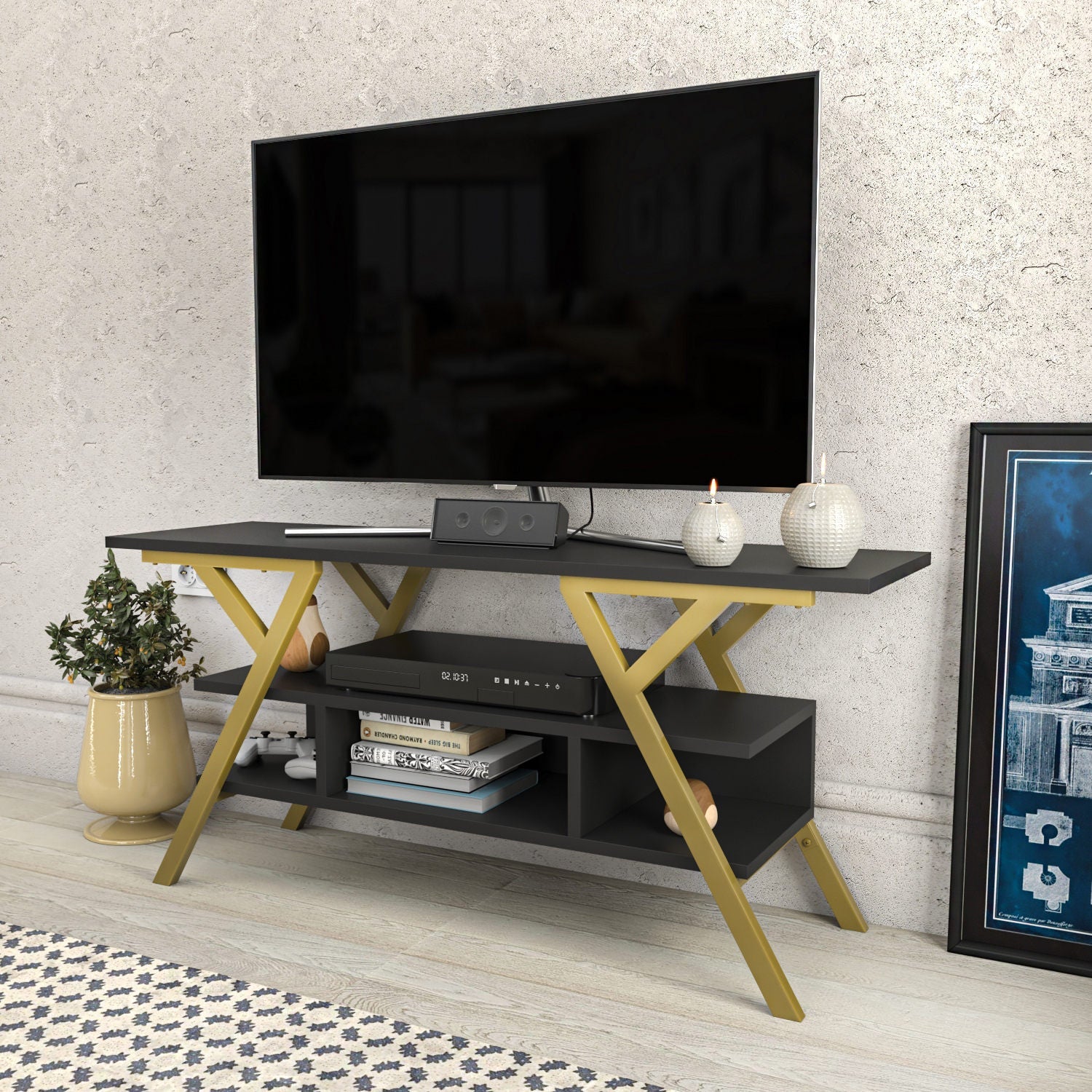 Comoda TV Minerva, gri antracit/auriu, PAL/metal, 120x35x55 cm