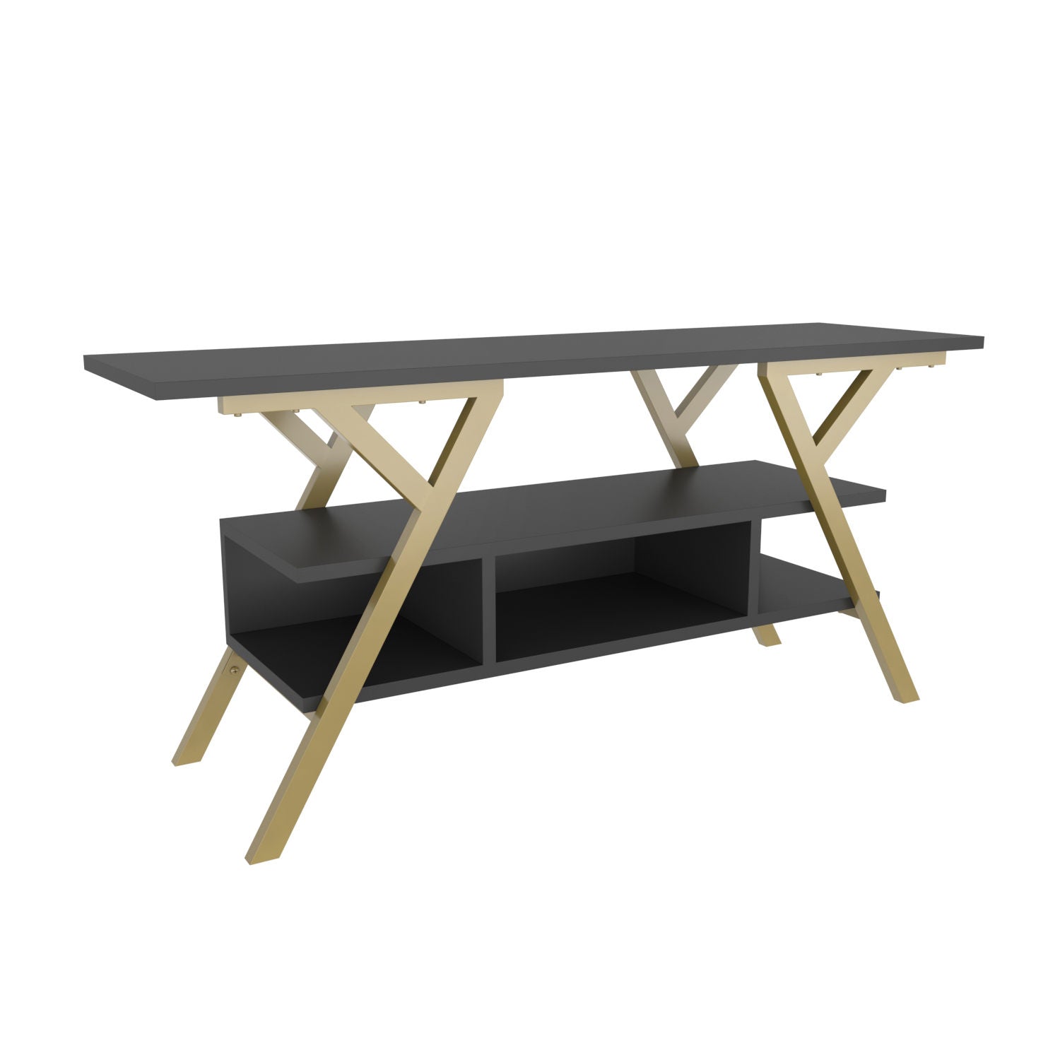 Comoda TV Minerva, gri antracit/auriu, PAL/metal, 120x35x55 cm