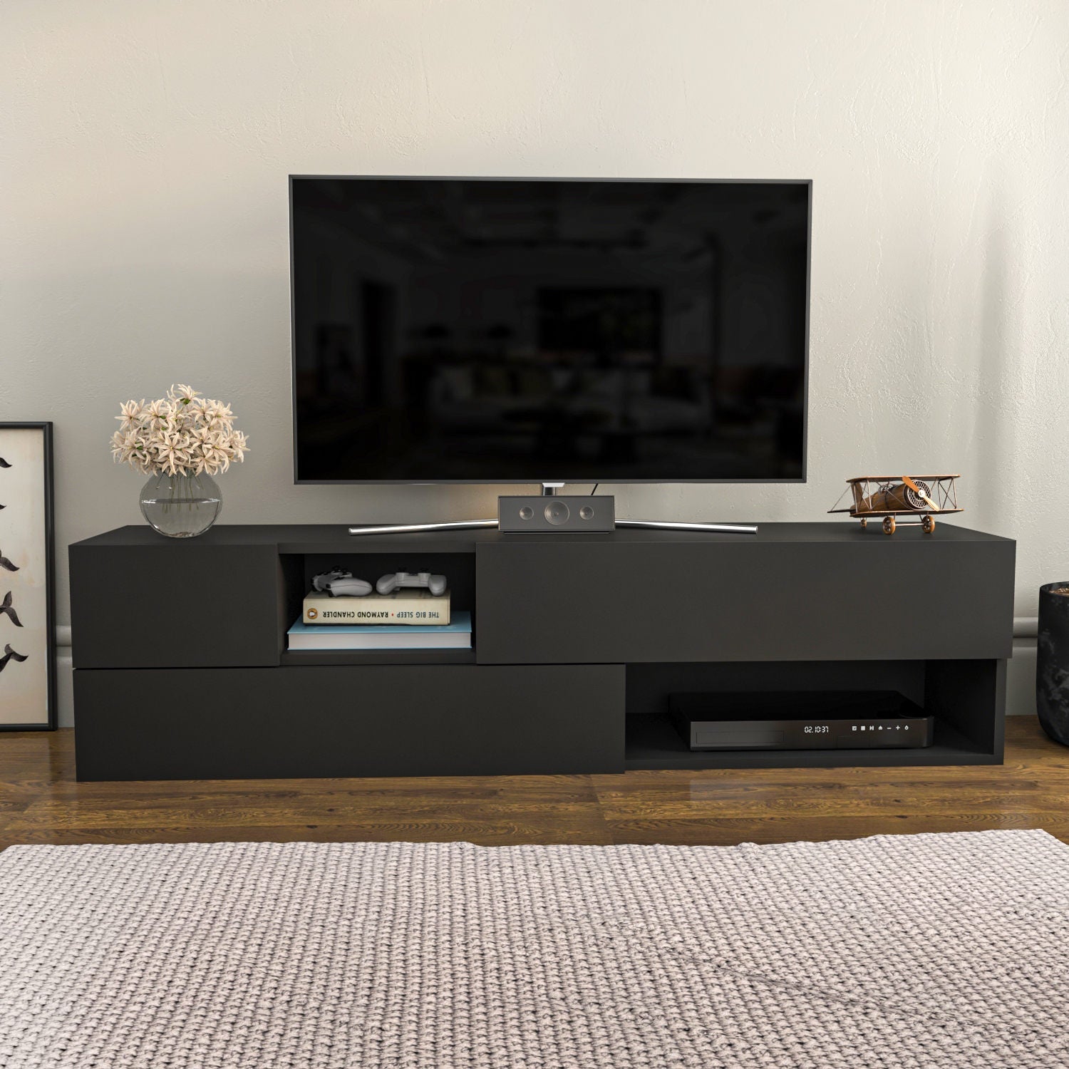 Comoda TV Morton, gri anthracit, PAL, 160x37,7x40 cm