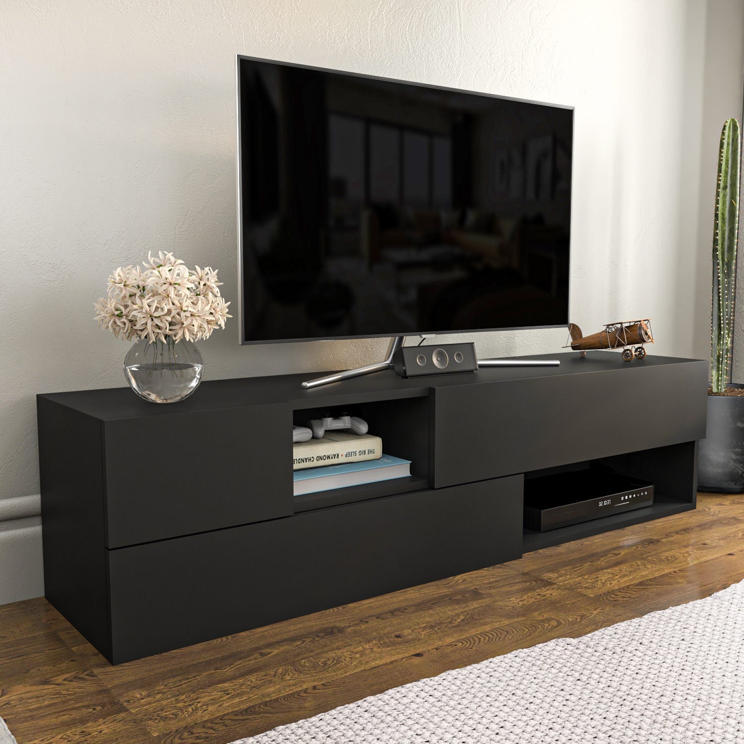 Comoda TV Morton, gri anthracit, PAL, 160x37,7x40 cm