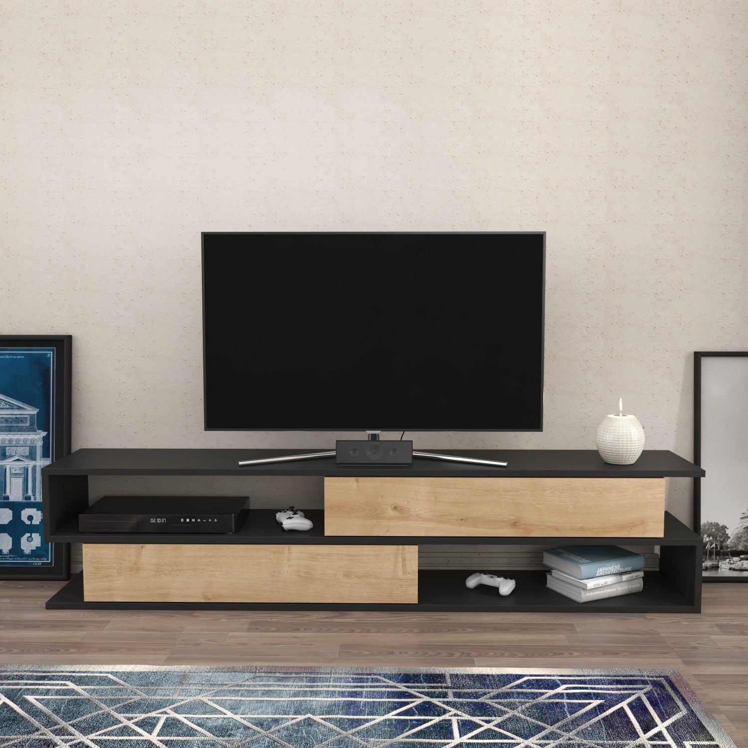 Comoda TV Cortez, stejar/gri, PAL, 160x35x39 cm