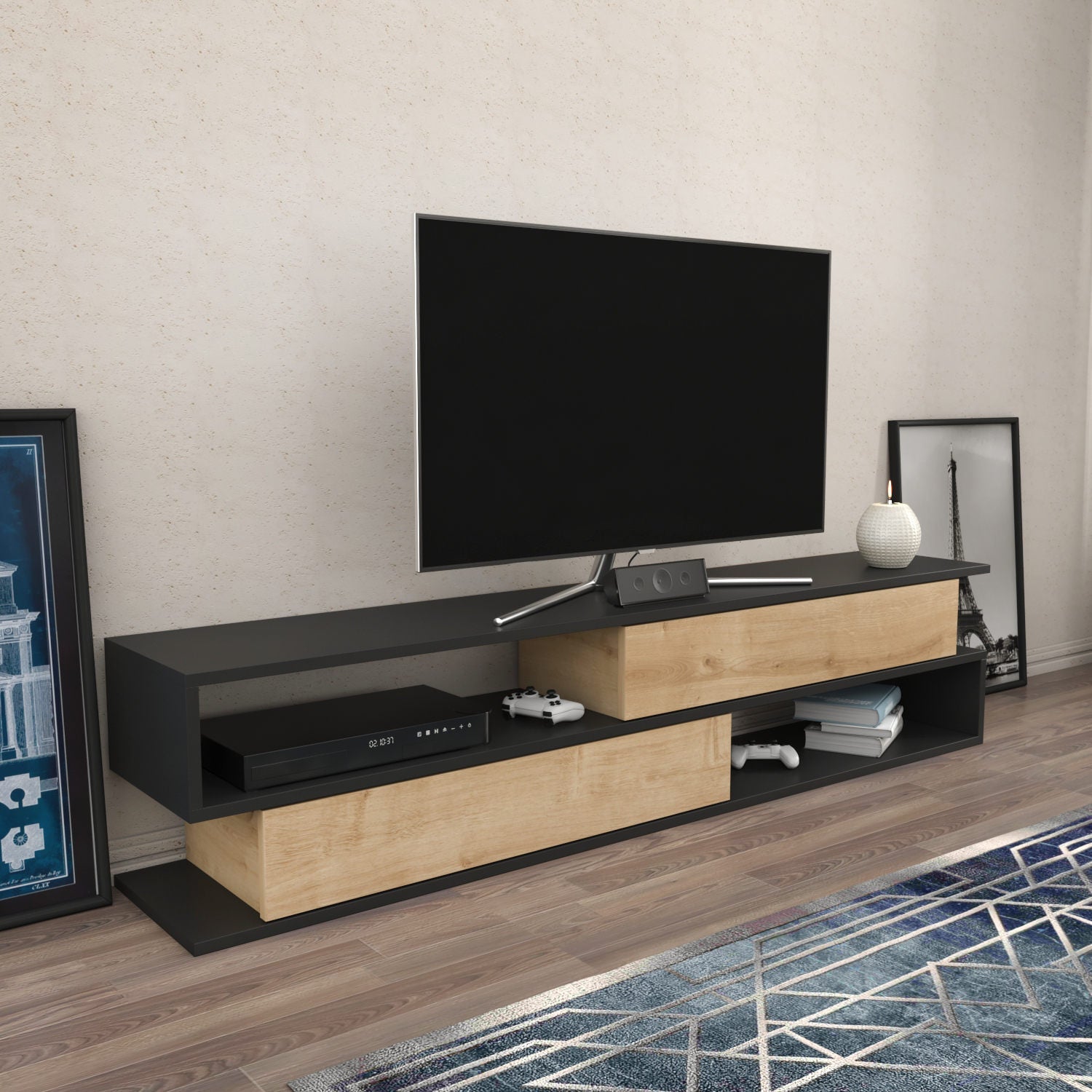 Comoda TV Cortez, stejar/gri, PAL, 160x35x39 cm