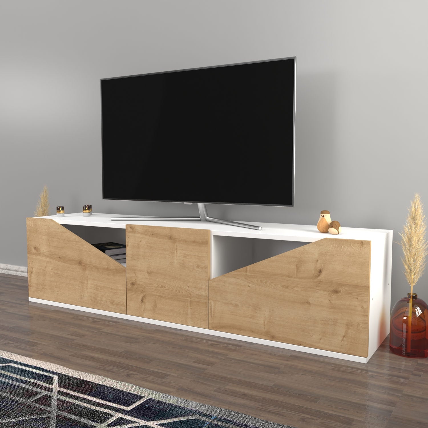 Comoda TV Carson, alb/stejar, PAL, 160x35x40 cm