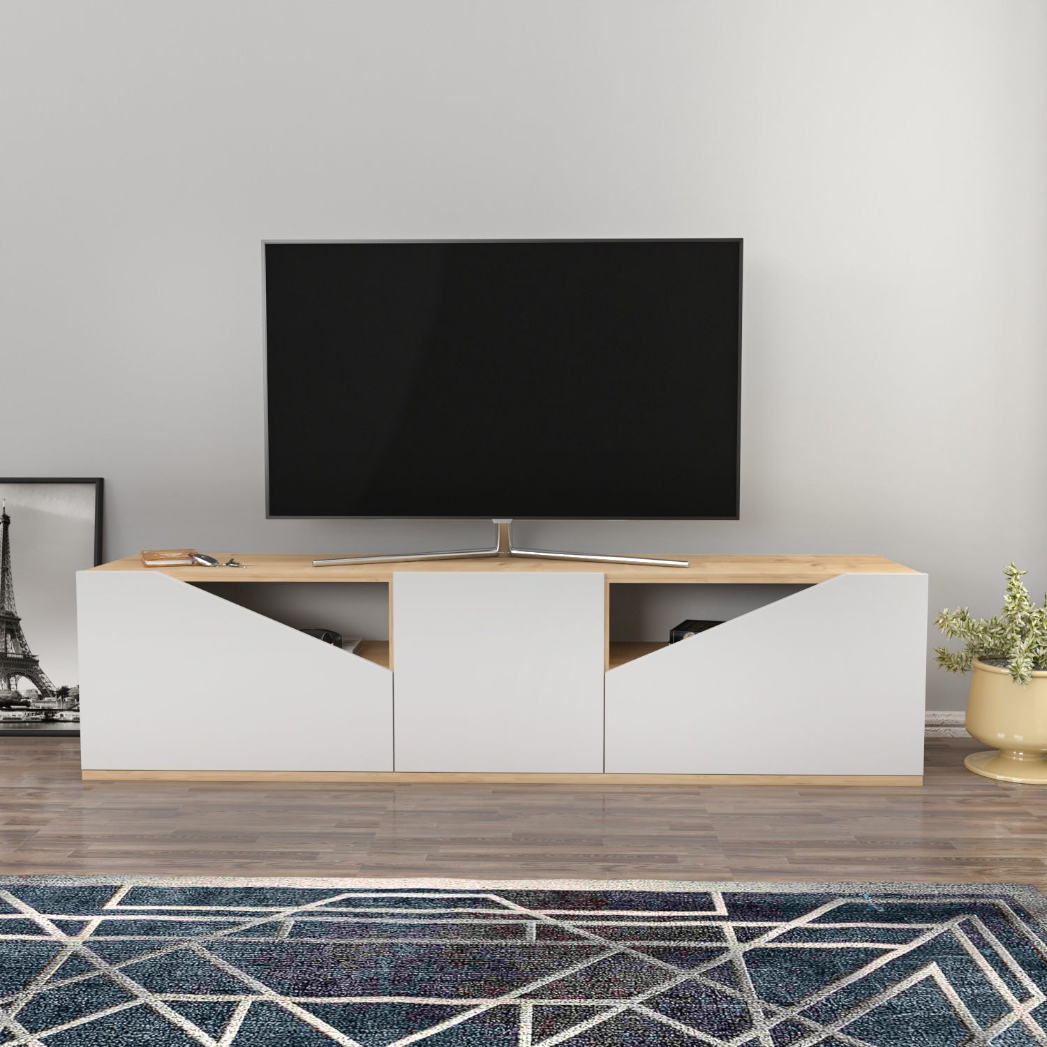 Comoda TV Carson, stejar/alb, PAL, 160x35x40 cm