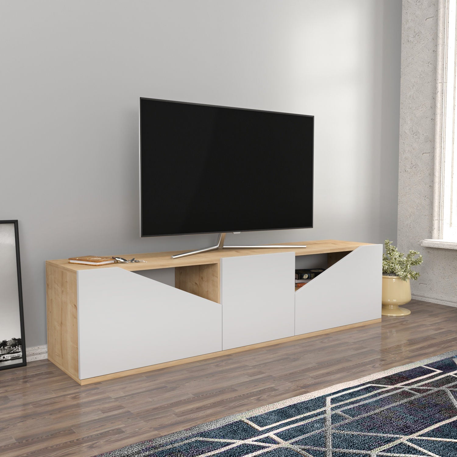 Comoda TV Carson, stejar/alb, PAL, 160x35x40 cm