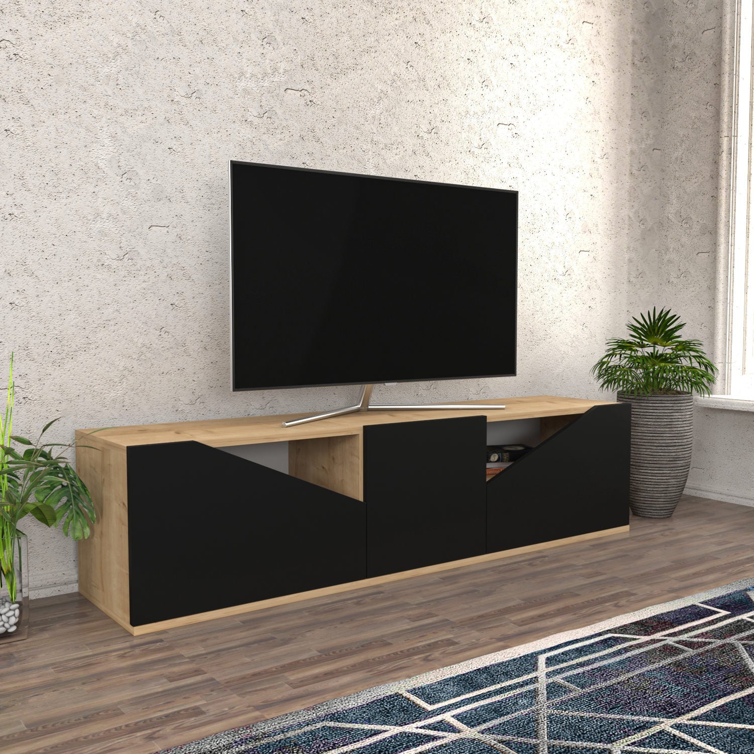 Comoda TV Carson, stejar/gri, PAL, 160x35x40 cm