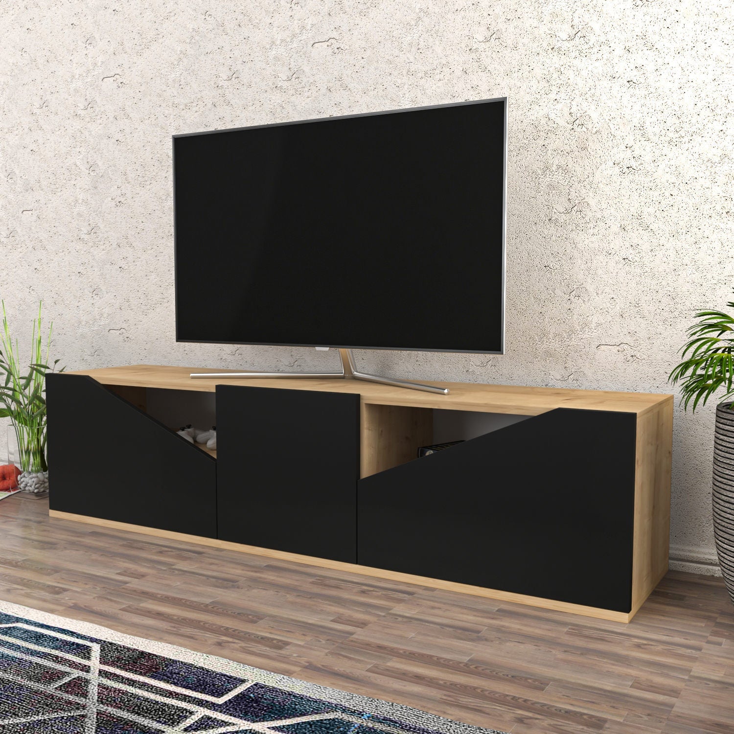 Comoda TV Carson, stejar/gri, PAL, 160x35x40 cm