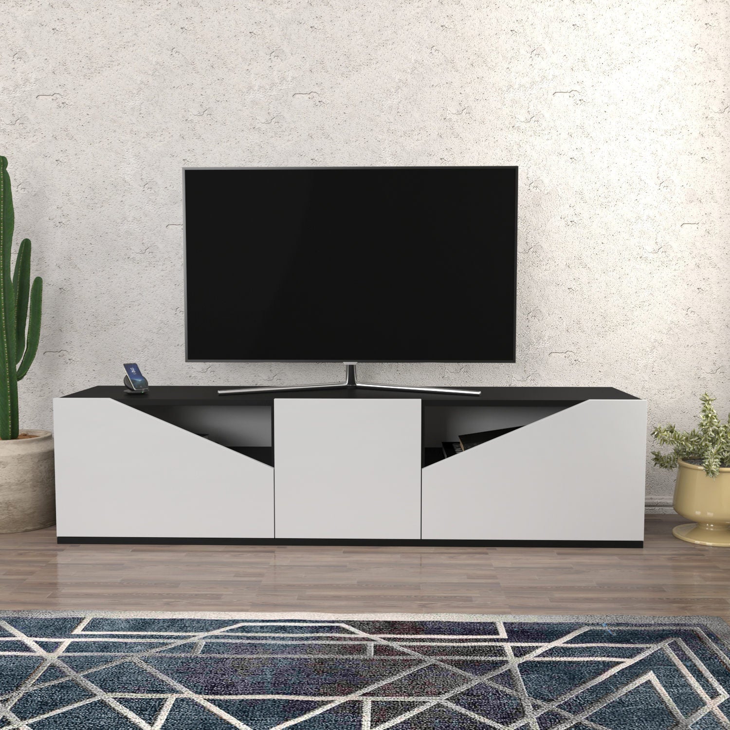 Comoda TV Carson, alb/gri, PAL, 160x35x40 cm