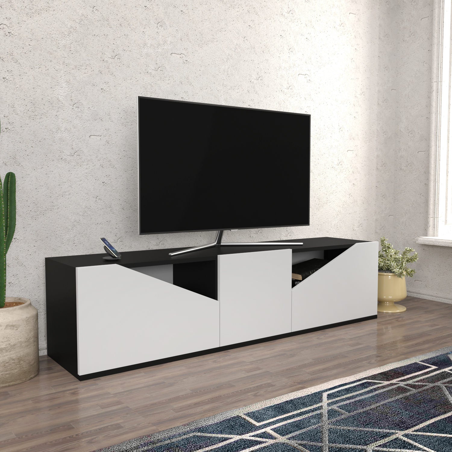 Comoda TV Carson, alb/gri, PAL, 160x35x40 cm