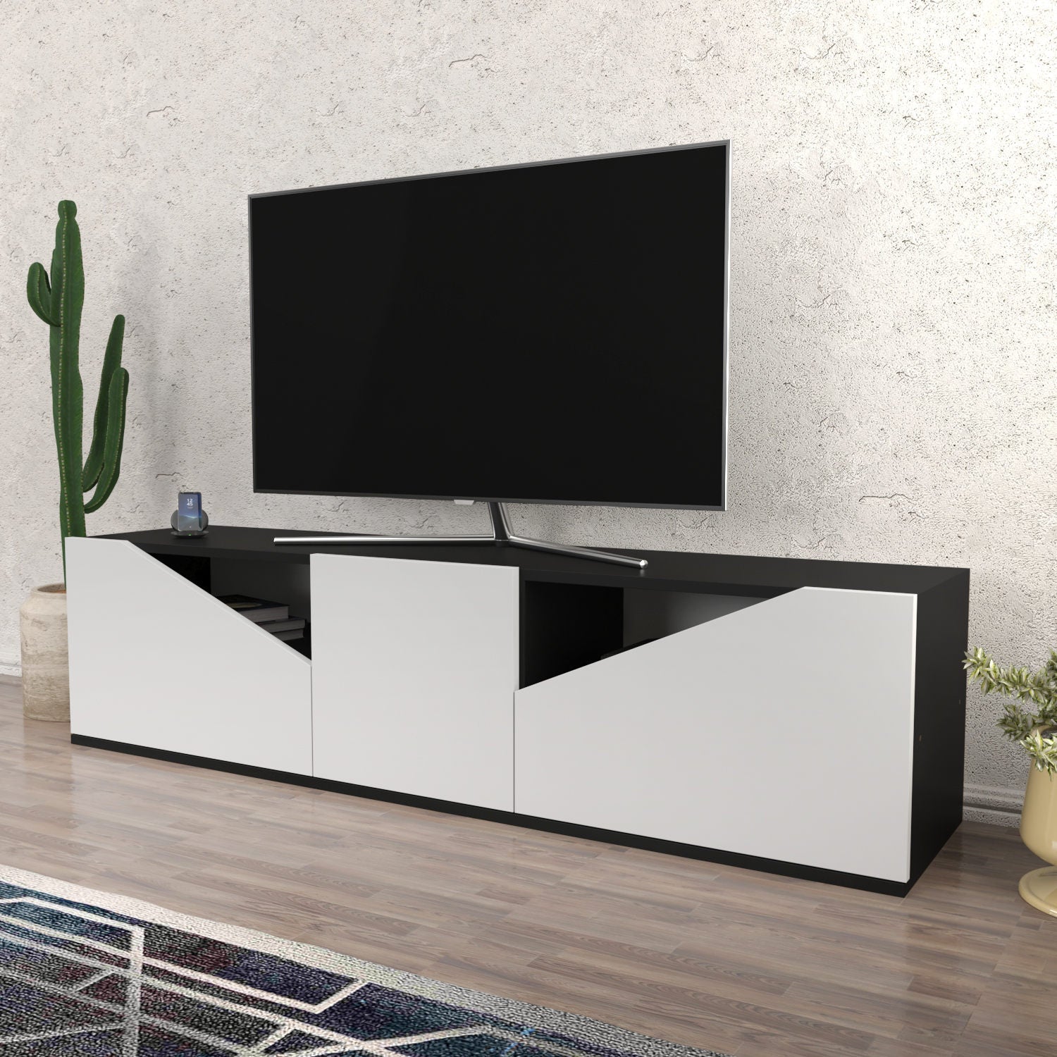 Comoda TV Carson, alb/gri, PAL, 160x35x40 cm