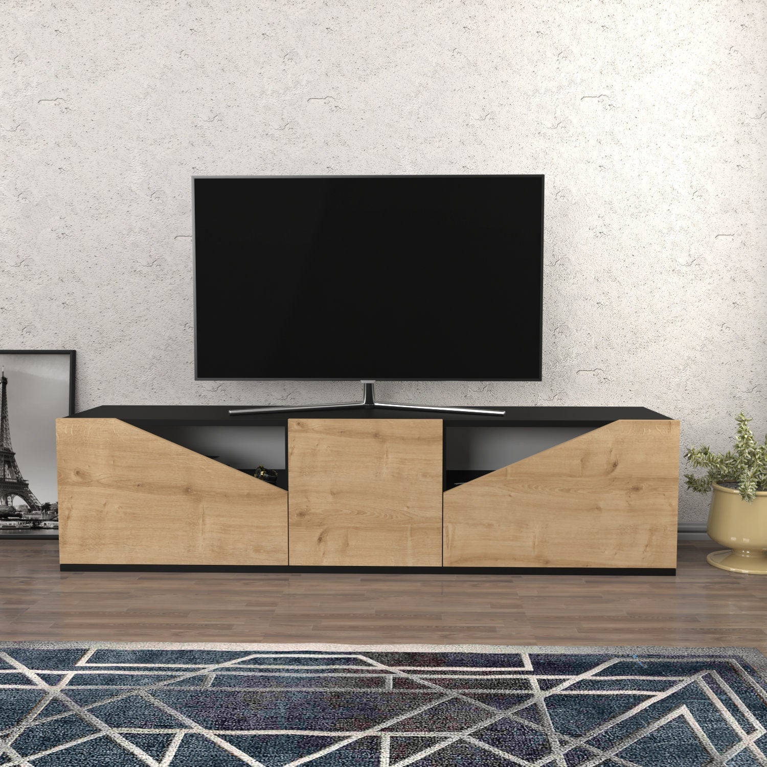 Comoda TV Carson, stejar/gri, PAL, 160x35x40 cm