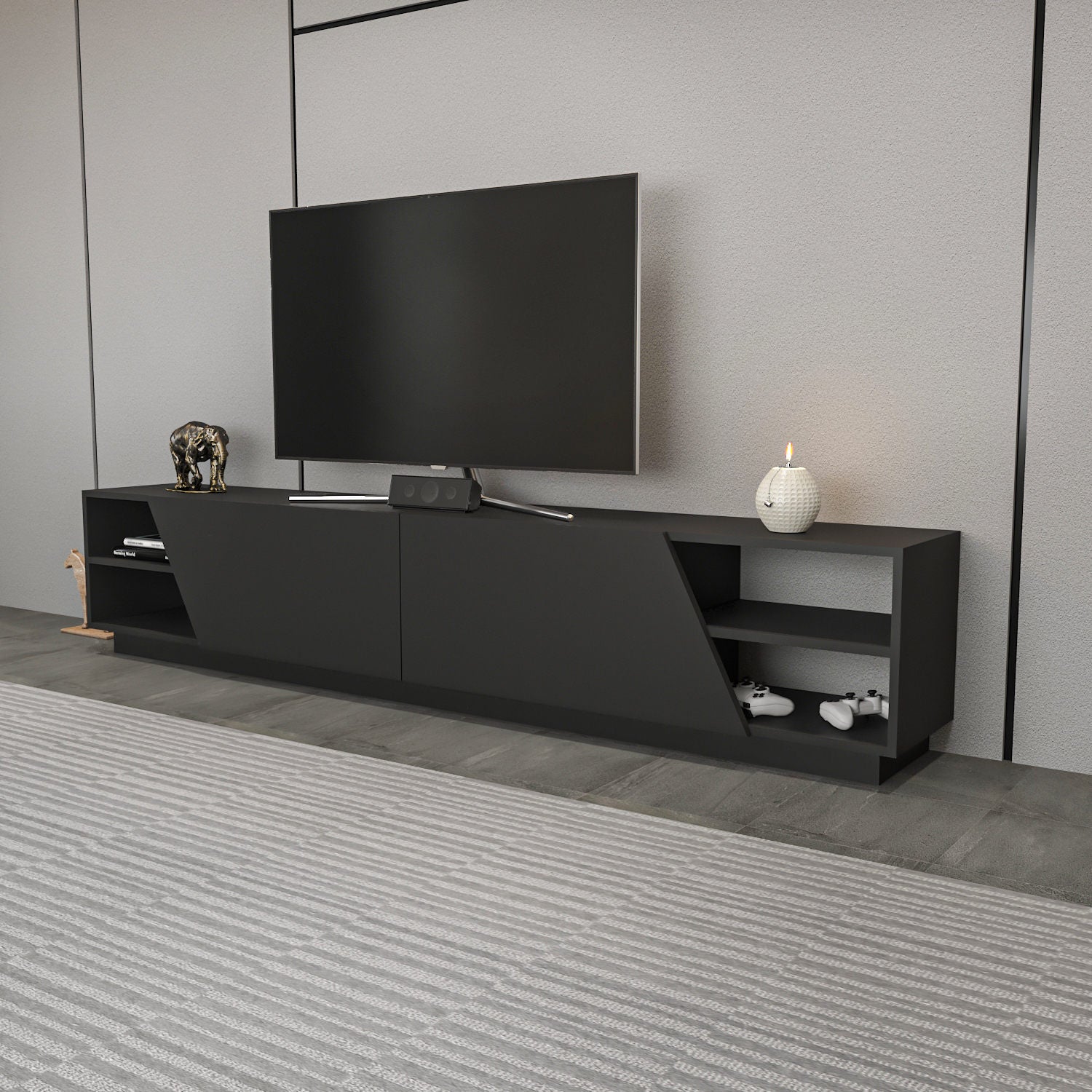 Comoda TV Rhodes, gri antracit, PAL melaminat, 240x37x47 cm