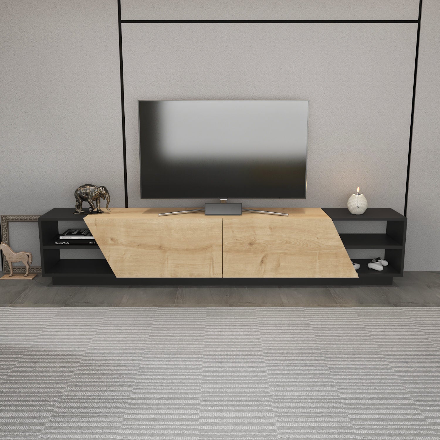 Comoda TV Rhodes, gri antracit/stejar, PAL melaminat, 240x37x47 cm
