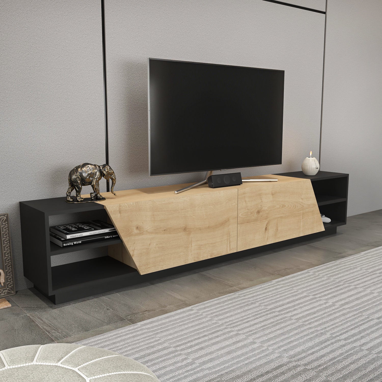 Comoda TV Rhodes, gri antracit/stejar, PAL melaminat, 240x37x47 cm
