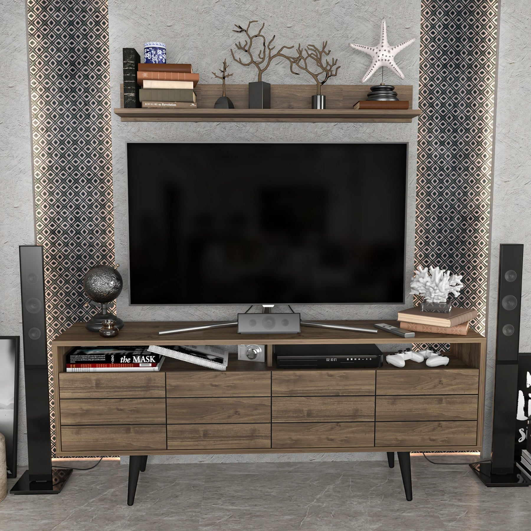 Set comoda TV si polita Ola, nuc, PAL melaminat, 160x35x64.5 cm