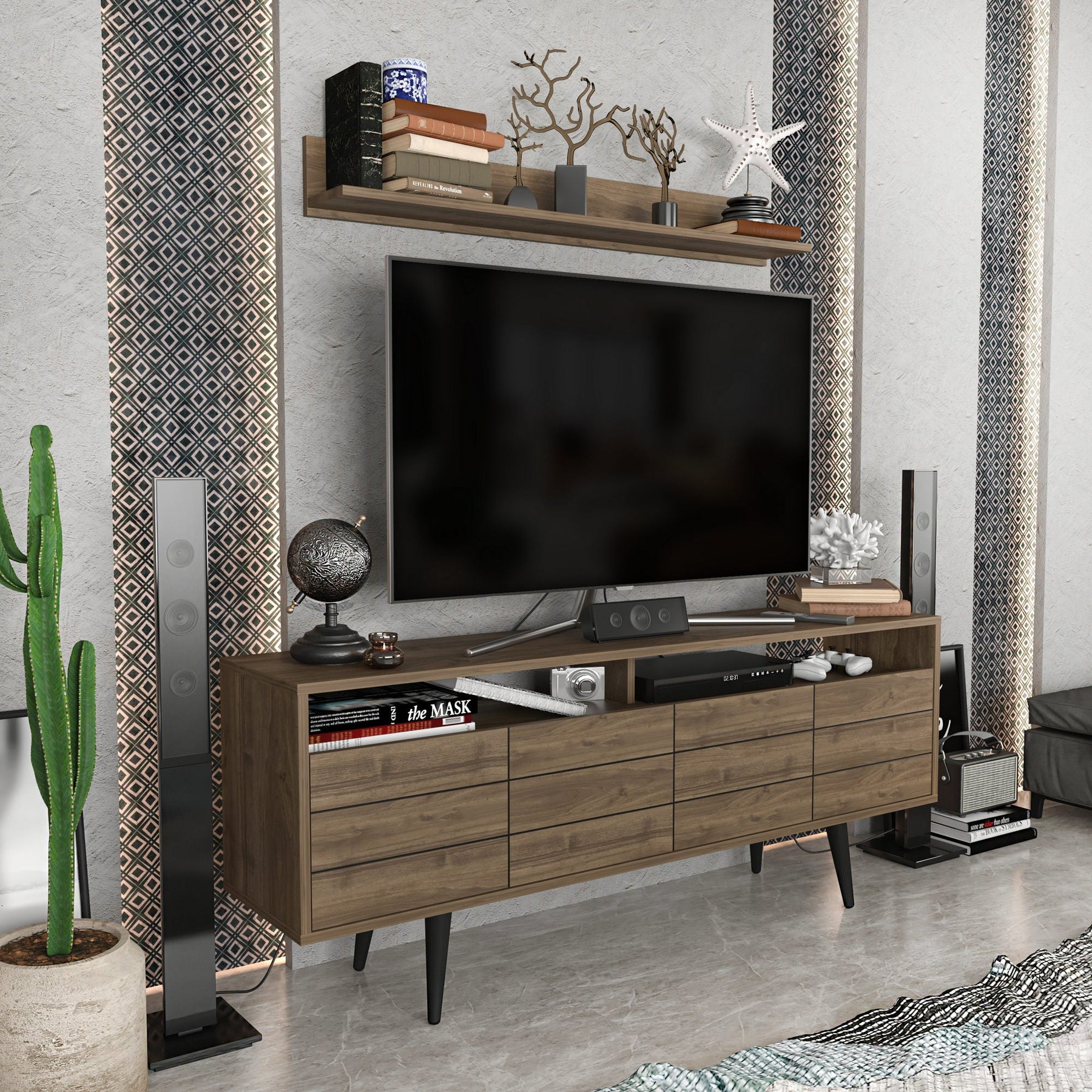 Set comoda TV si polita Ola, nuc, PAL melaminat, 160x35x64.5 cm