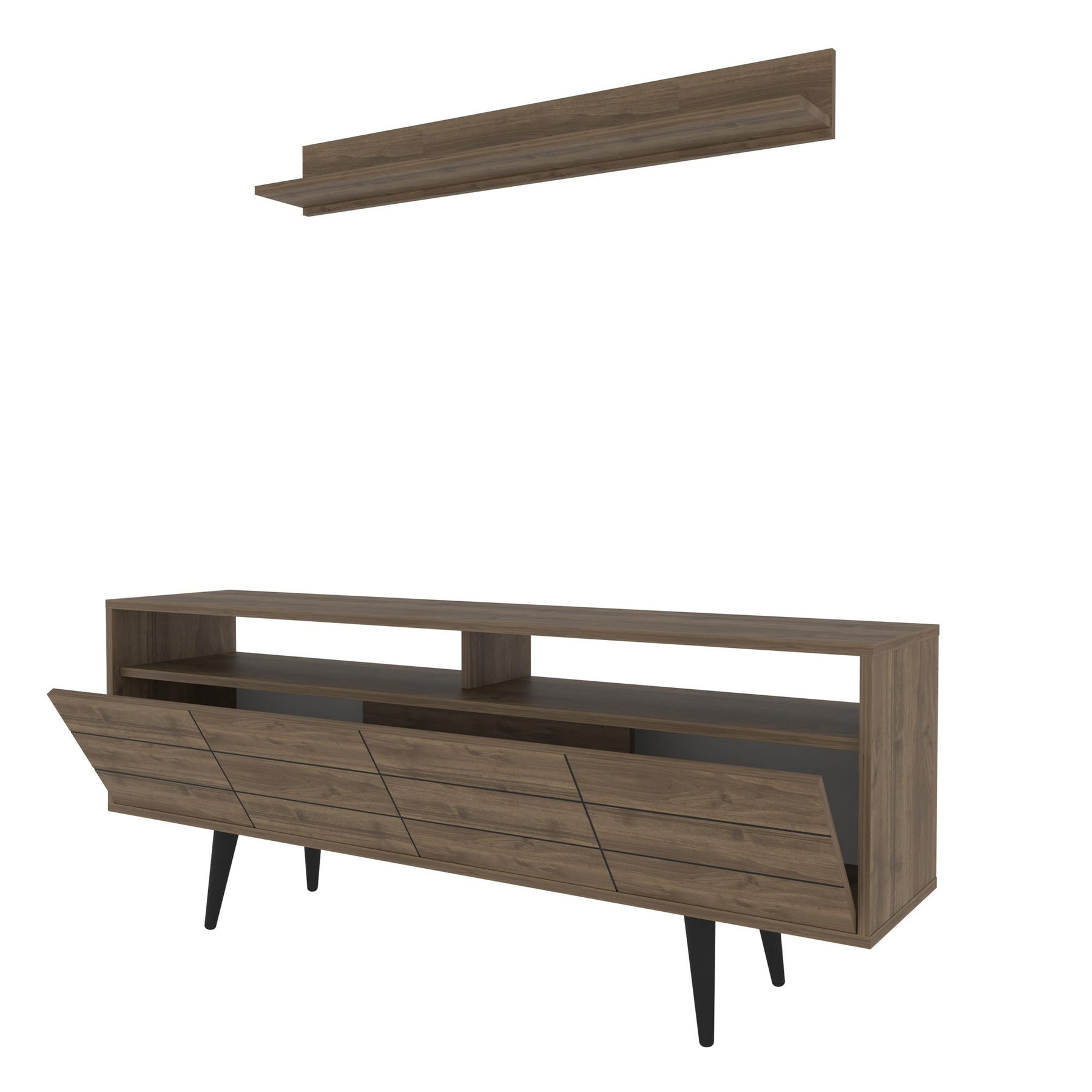 Set comoda TV si polita Ola, nuc, PAL melaminat, 160x35x64.5 cm
